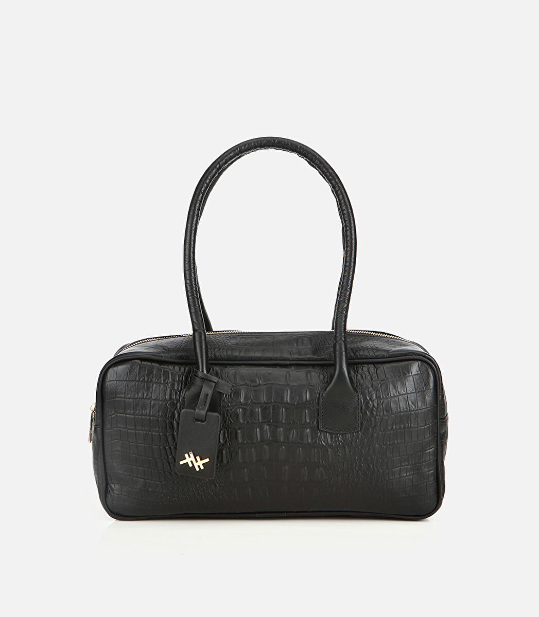 Kadın Deri Siyah Bowling Omuz Çantası