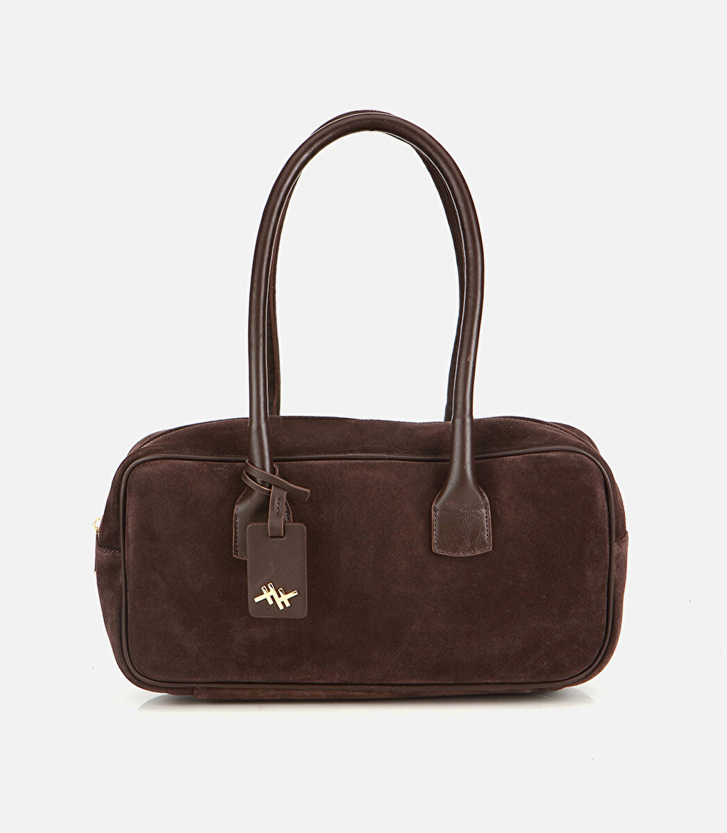 Kadın Süet Deri Kahverengi Bowling Omuz Çantası