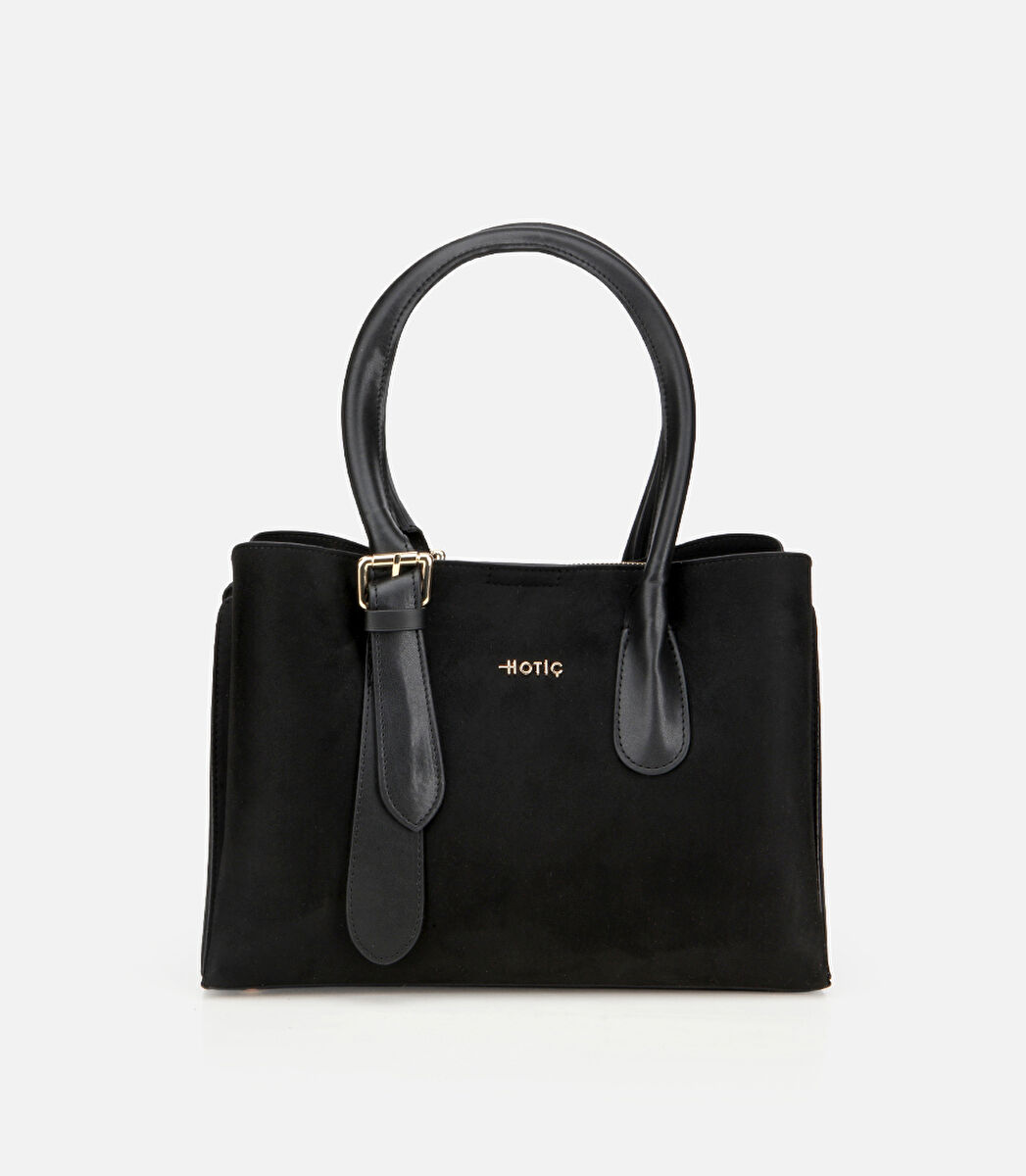 Kadın Süet Siyah Kemer Detaylı Omuz Çantası