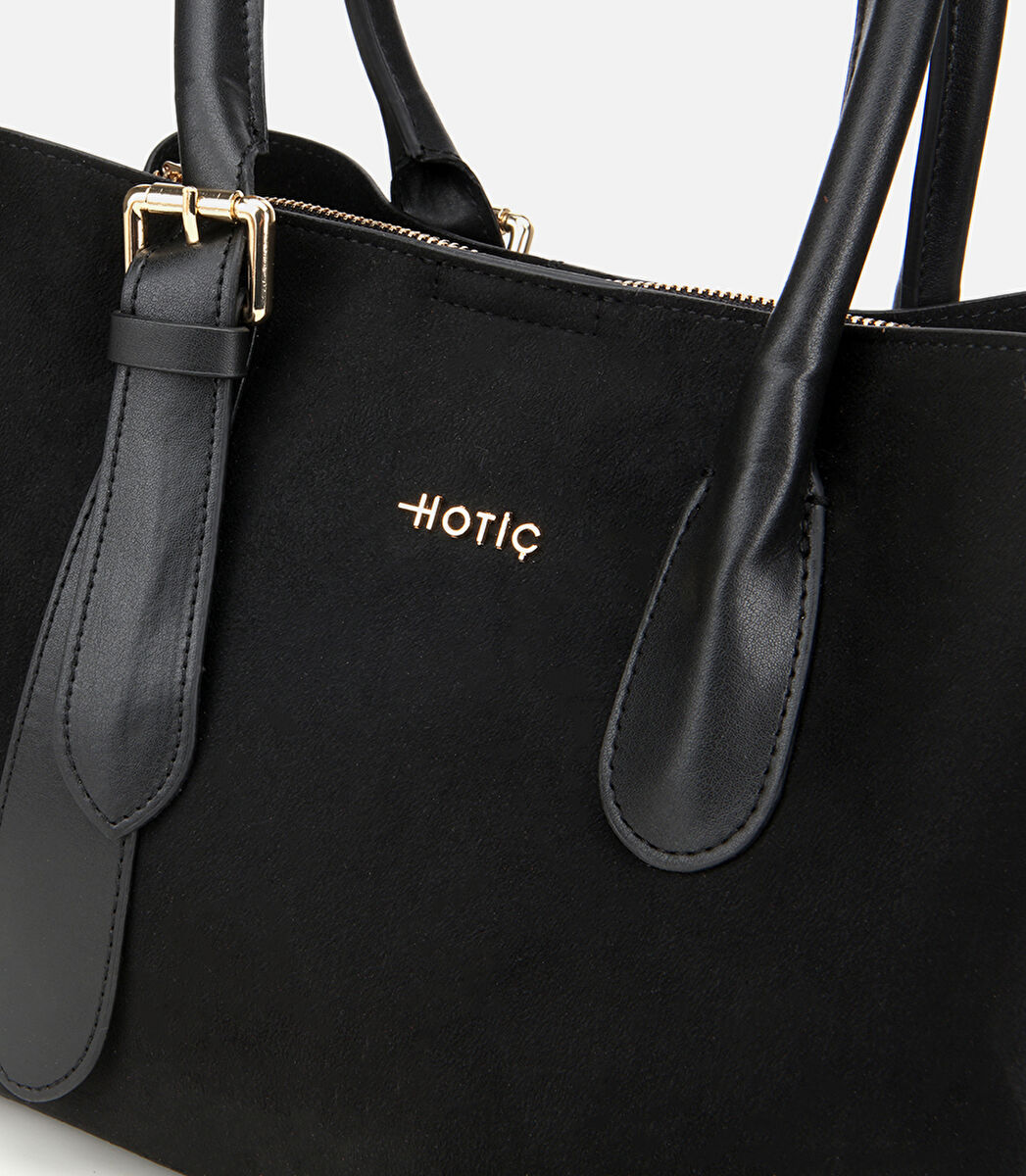 Kadın Süet Siyah Kemer Detaylı Omuz Çantası