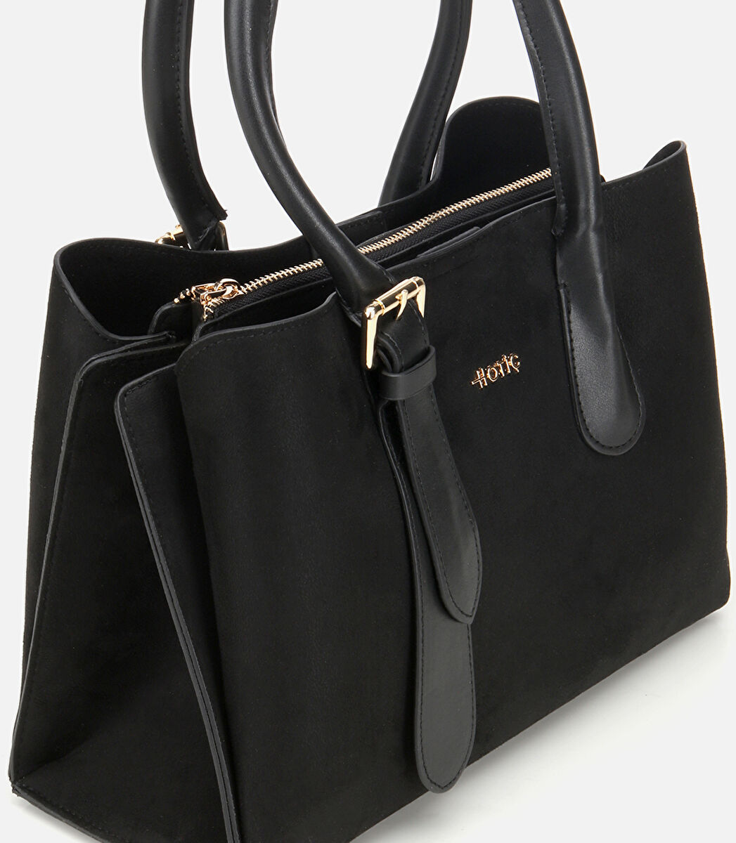 Kadın Süet Siyah Kemer Detaylı Omuz Çantası