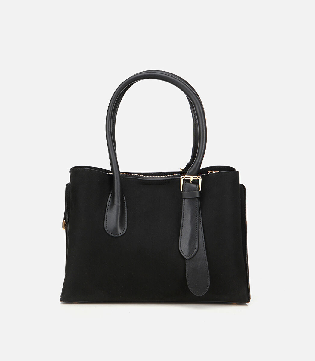 Kadın Süet Siyah Kemer Detaylı Omuz Çantası