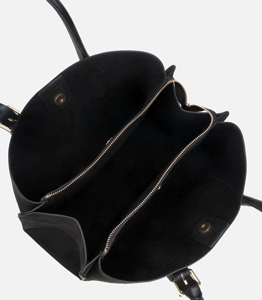 Kadın Süet Siyah Kemer Detaylı Omuz Çantası