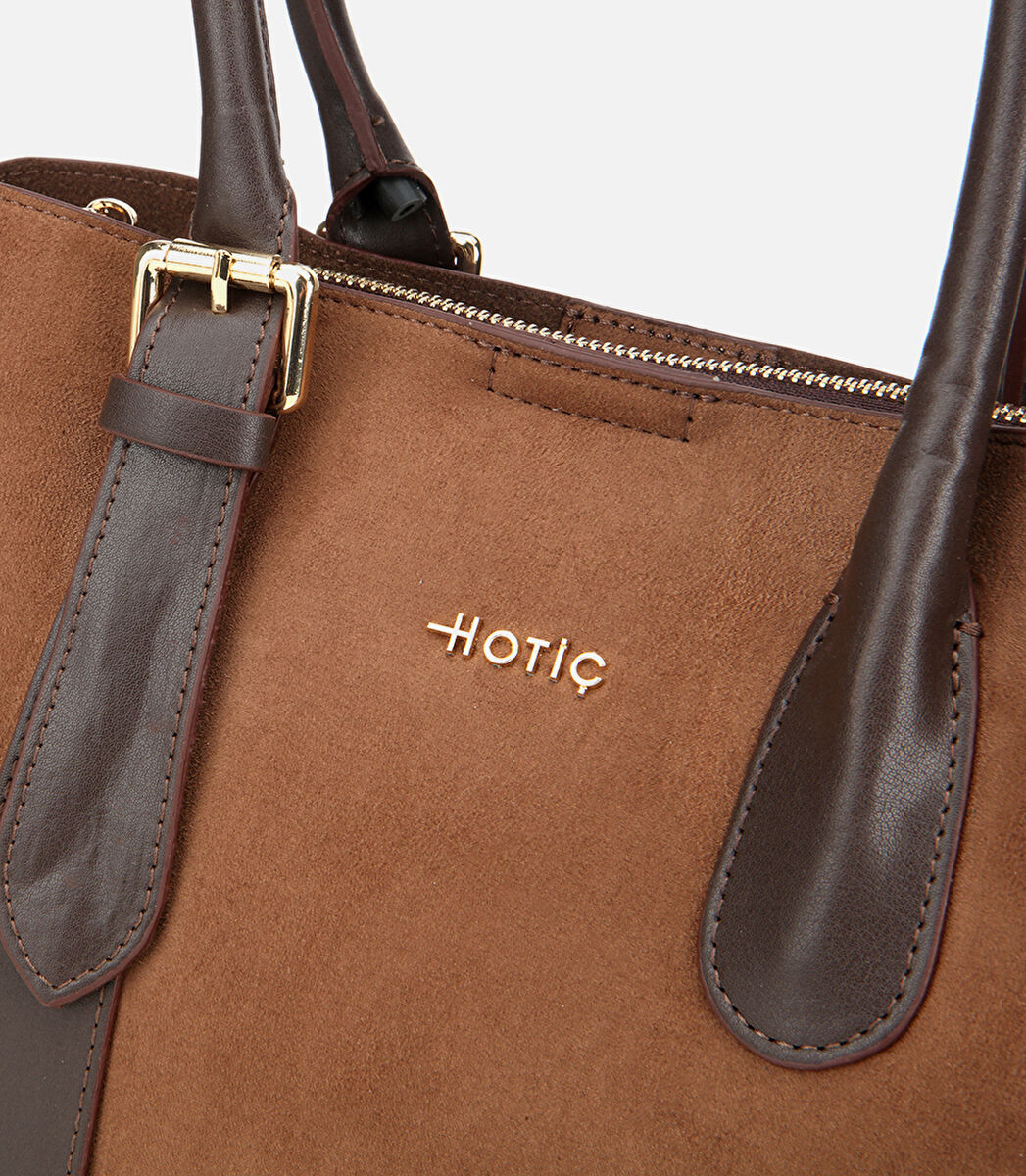 Kadın Süet Taba Kemer Detaylı Omuz Çantası