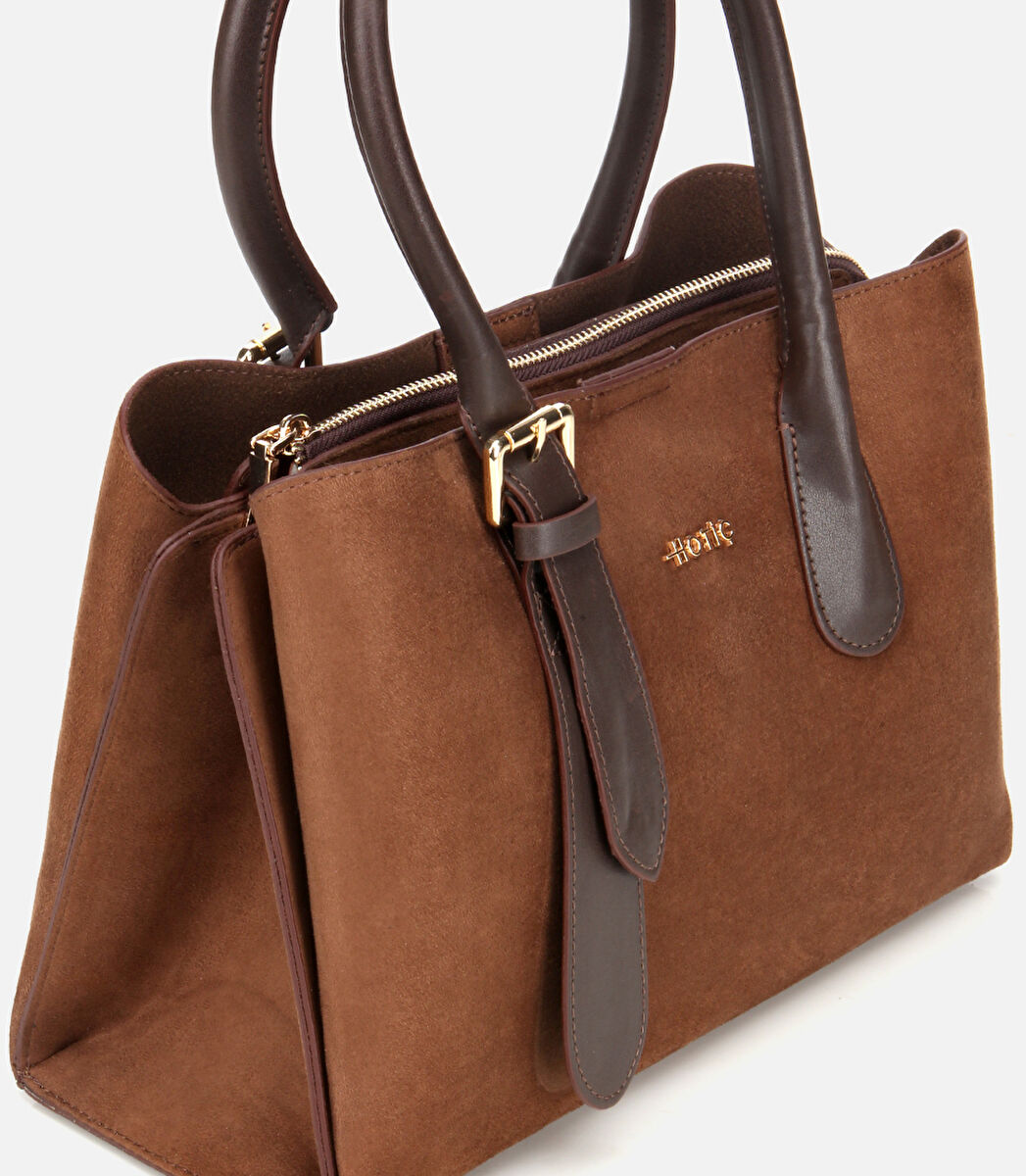 Kadın Süet Taba Kemer Detaylı Omuz Çantası