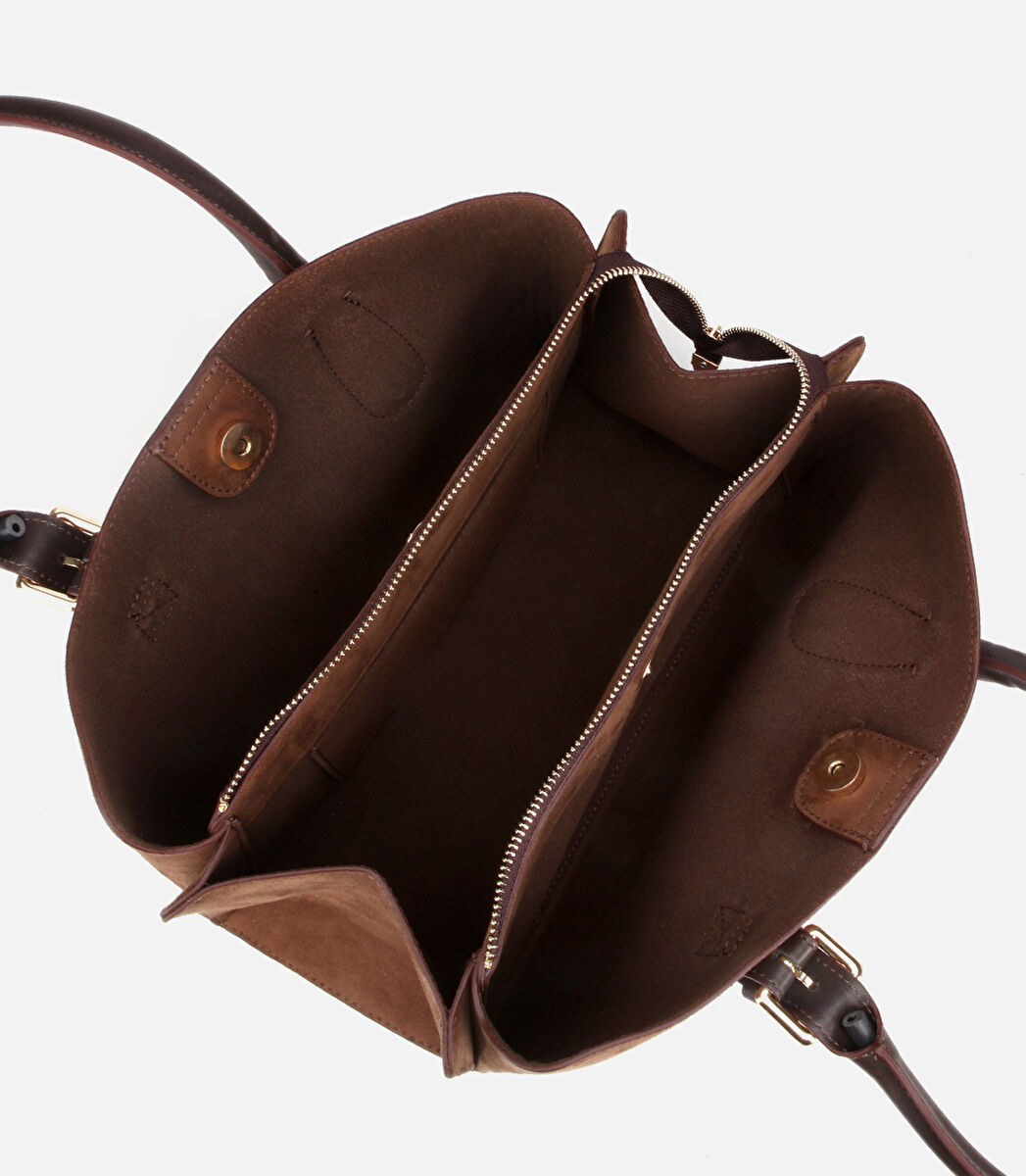 Kadın Süet Taba Kemer Detaylı Omuz Çantası