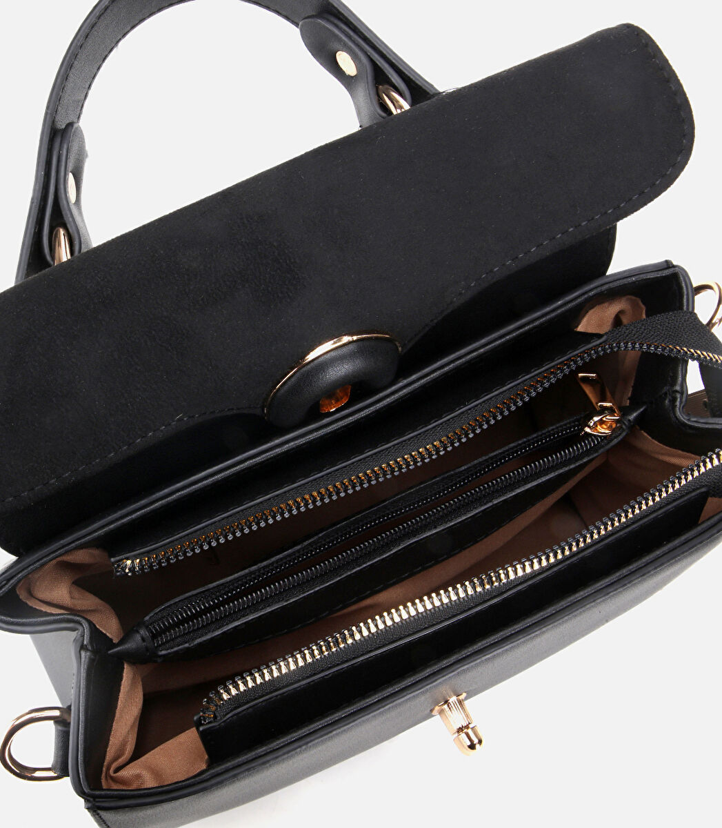 Kadın Siyah Kilit Detaylı Omuz Çantası