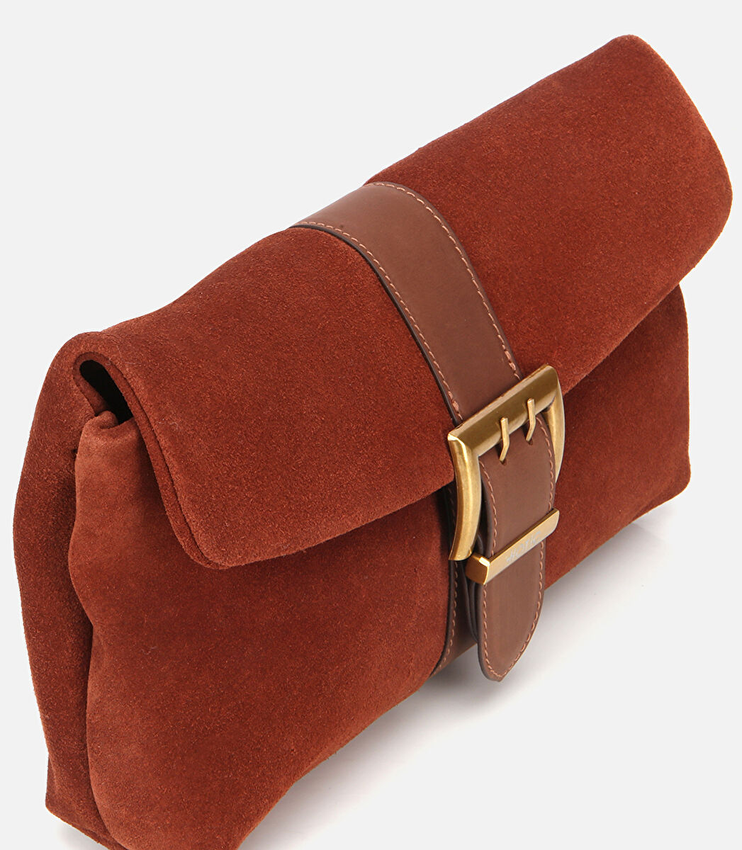 Kadın Süet Deri Kahverengi Gold Toka Detaylı Portföy