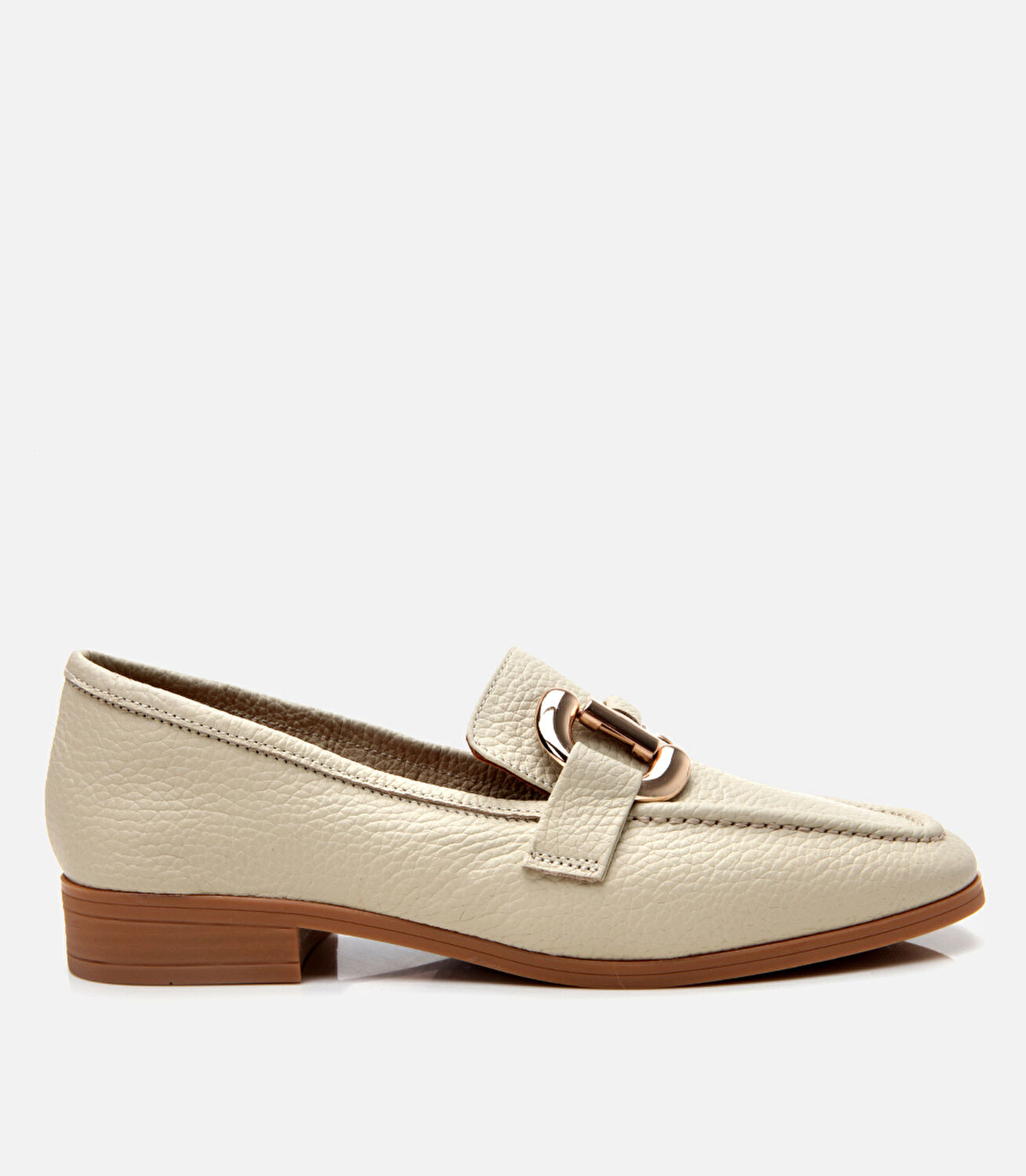 Kadın Deri Ekru Tokalı Günlük Loafer