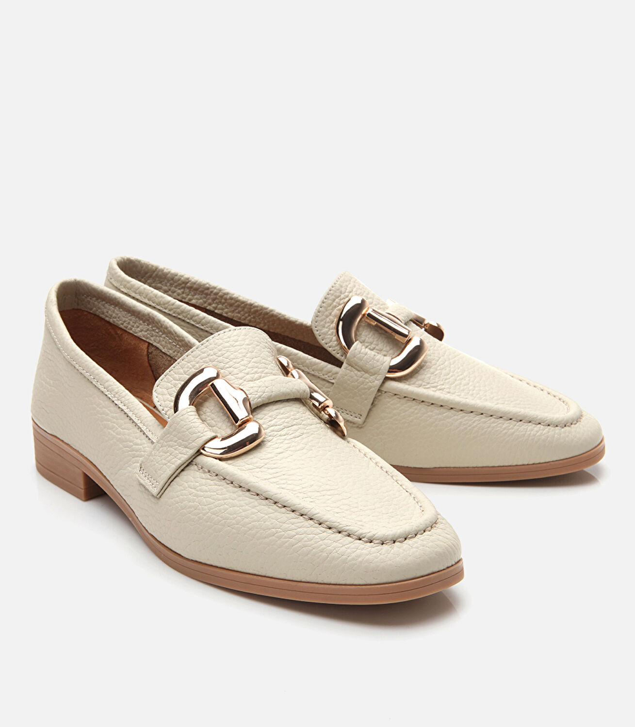 Kadın Deri Ekru Tokalı Günlük Loafer