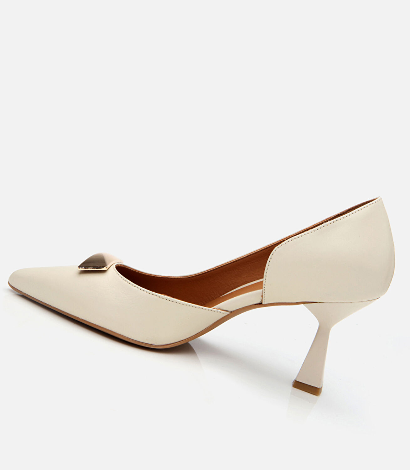 Kadın Deri Ekru Orta Topuklu Stiletto