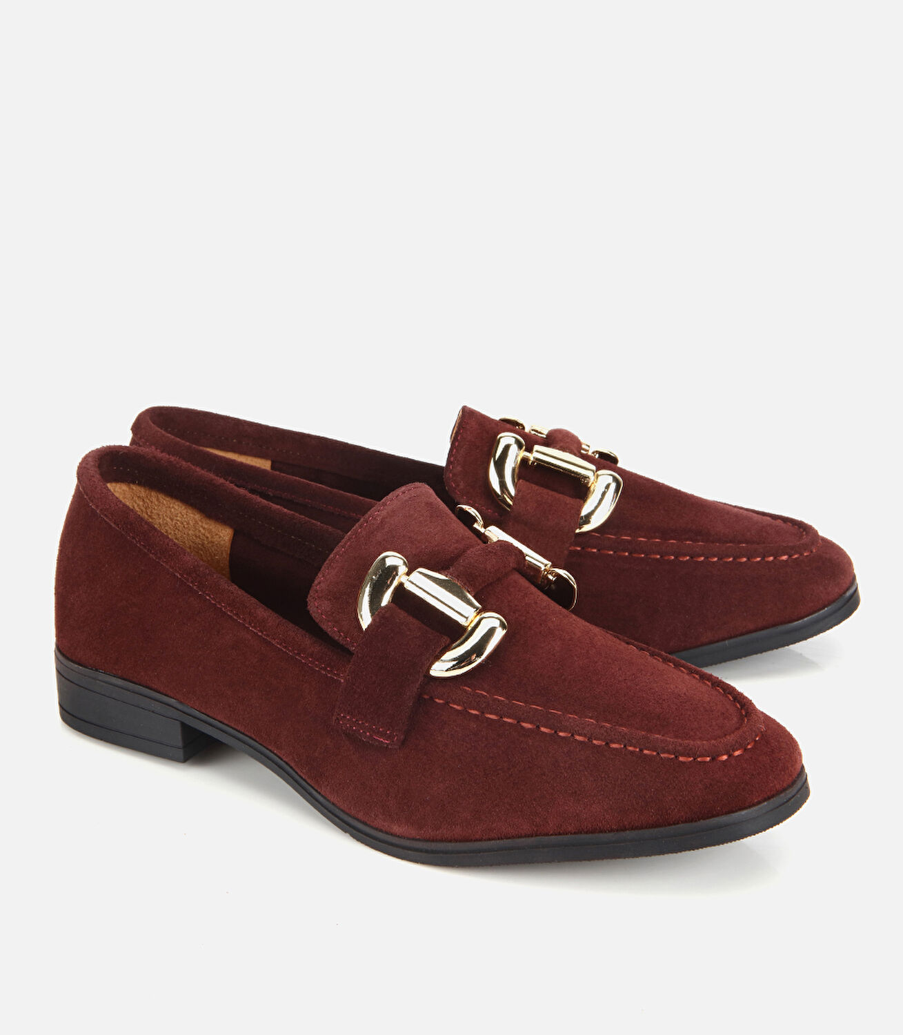Kadın Süet Deri Bordo Tokalı Klasik Loafer