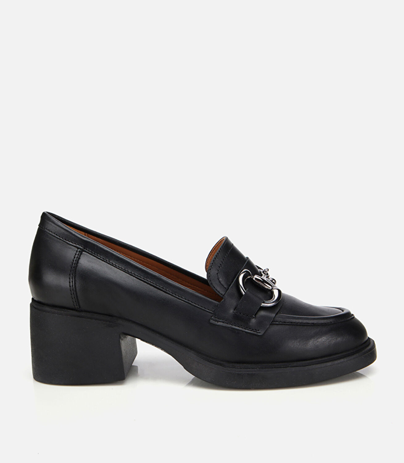 Kadın Deri Siyah Tokalı Yüksek Topuklu Klasik Loafer