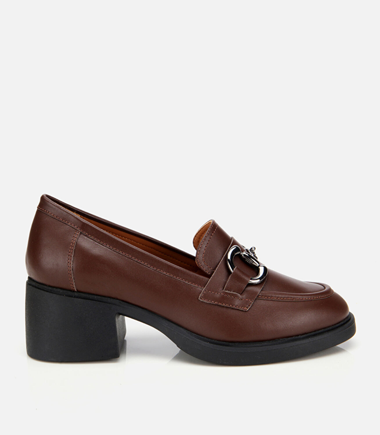 Kadın Deri Kahverengi Tokalı Yüksek Topuklu Klasik Loafer