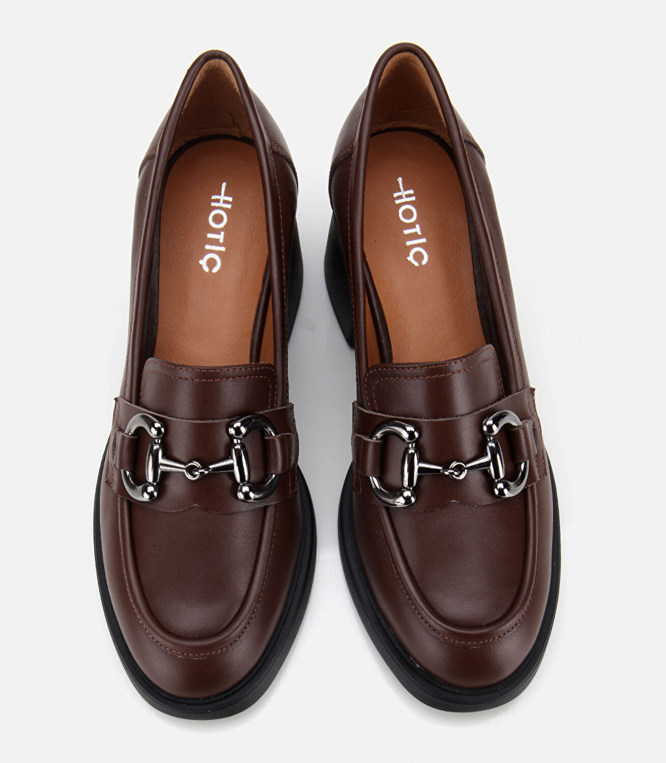 Kadın Deri Kahverengi Tokalı Yüksek Topuklu Klasik Loafer