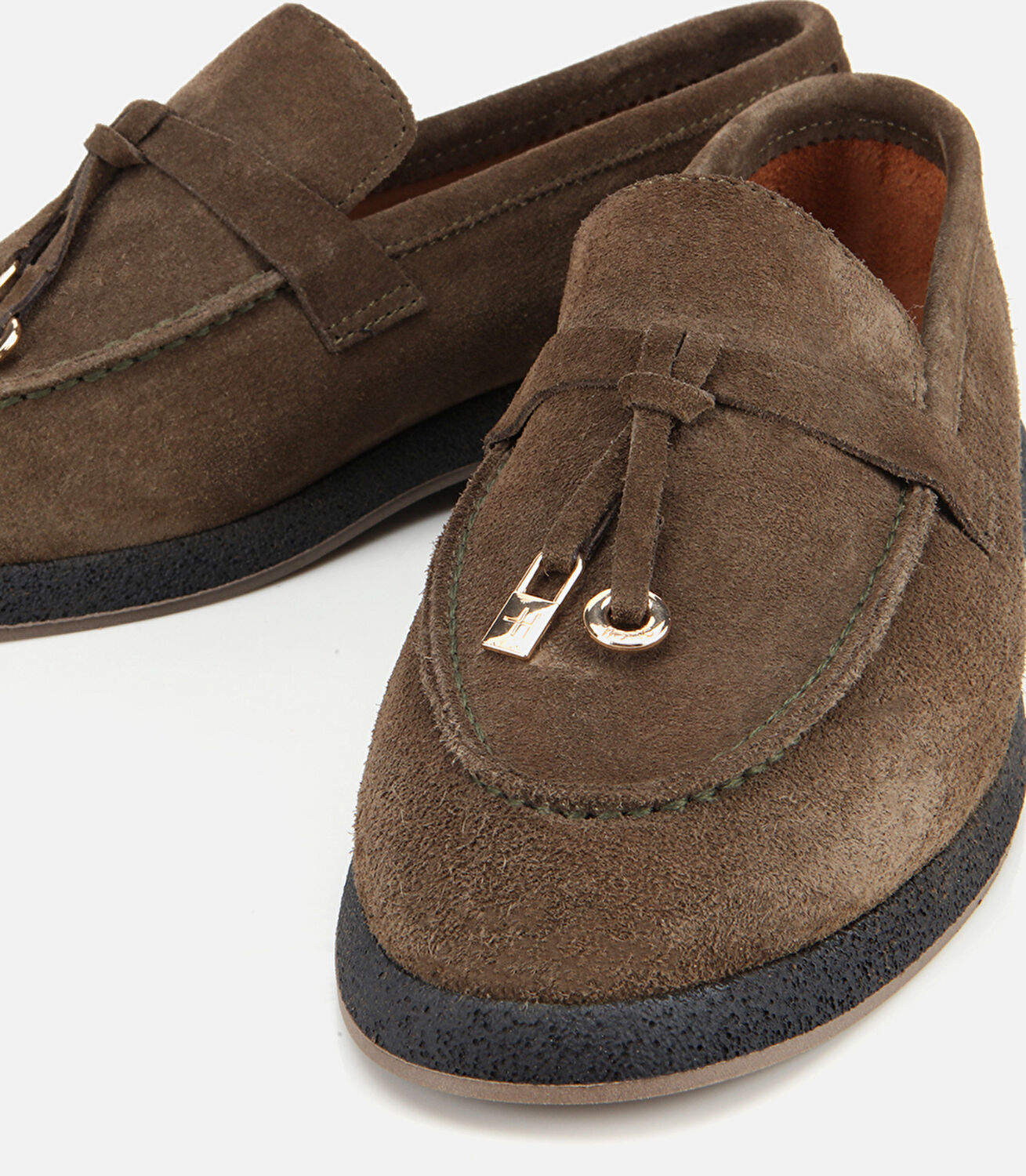 Kadın Süet Deri Haki Gold Aksesuarlı Klasik Loafer