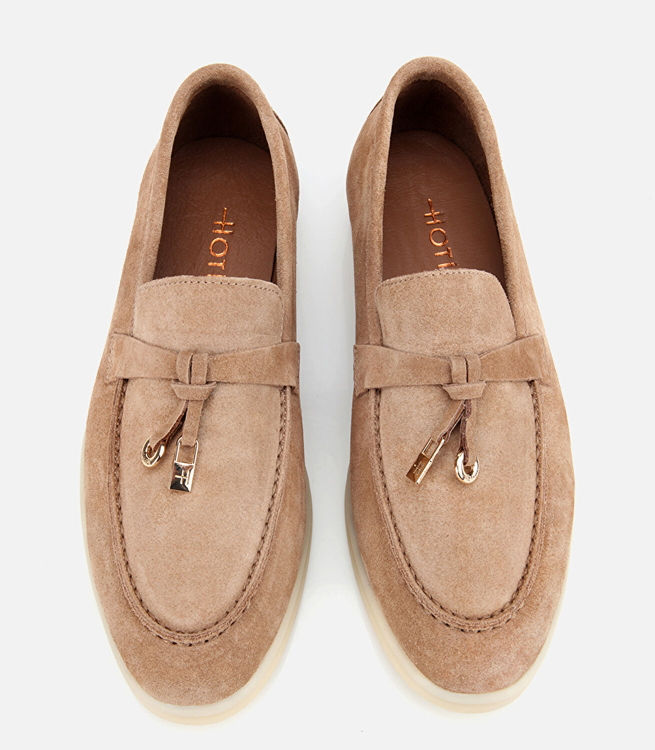 Kadın Süet Deri Bej Gold Aksesuarlı Klasik Loafer