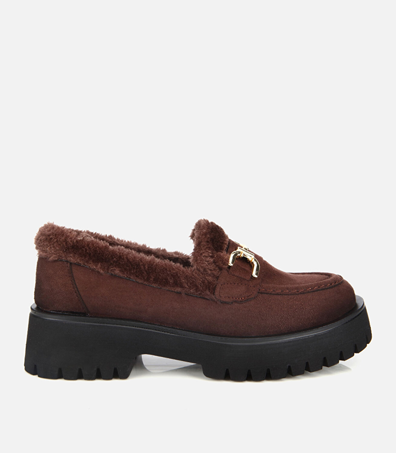 Kadın Süet Kahverengi Kürklü Tokalı Kalın Tabanlı Günlük Loafer