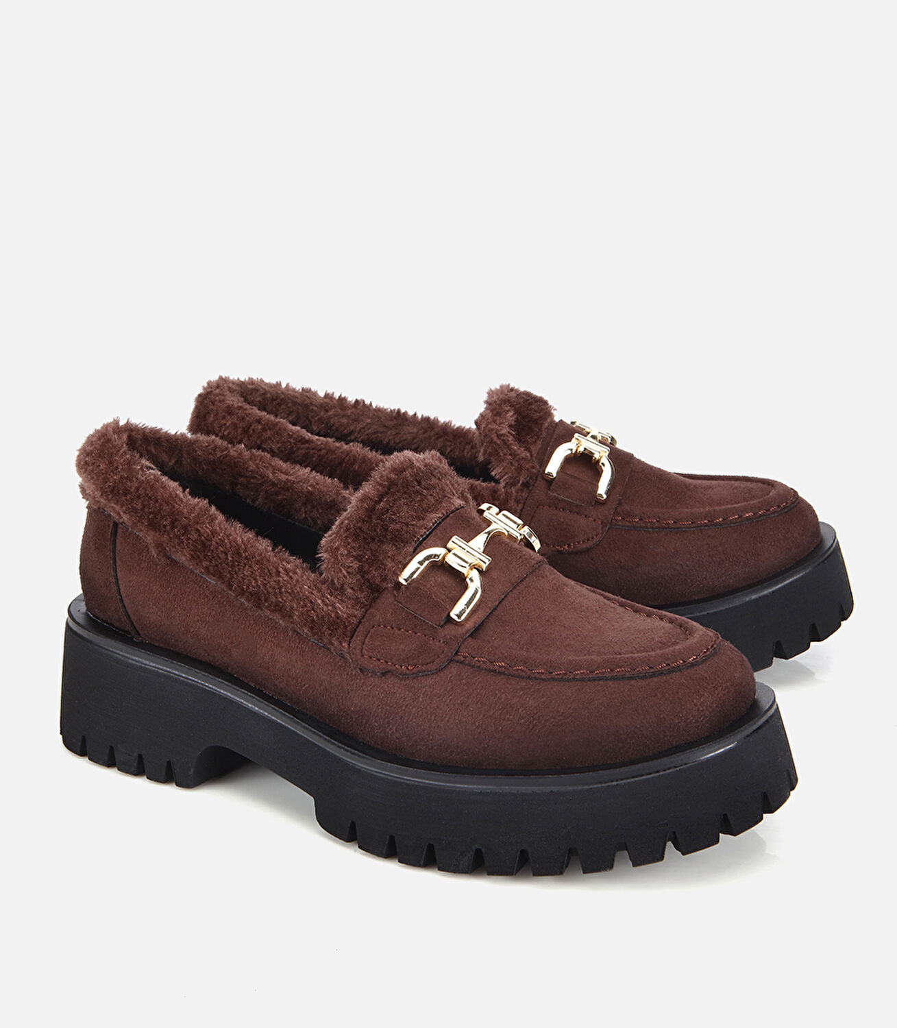 Kadın Süet Kahverengi Kürklü Tokalı Kalın Tabanlı Günlük Loafer