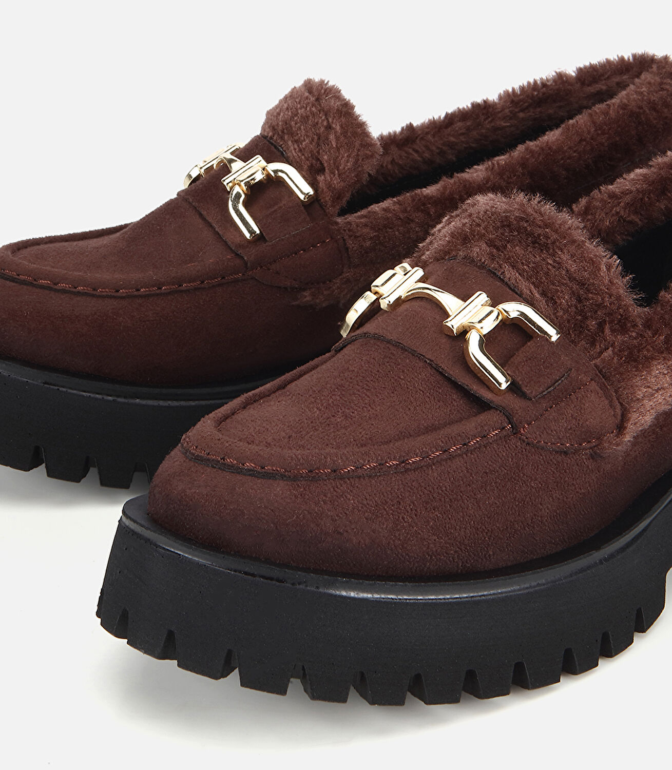 Kadın Süet Kahverengi Kürklü Tokalı Kalın Tabanlı Günlük Loafer