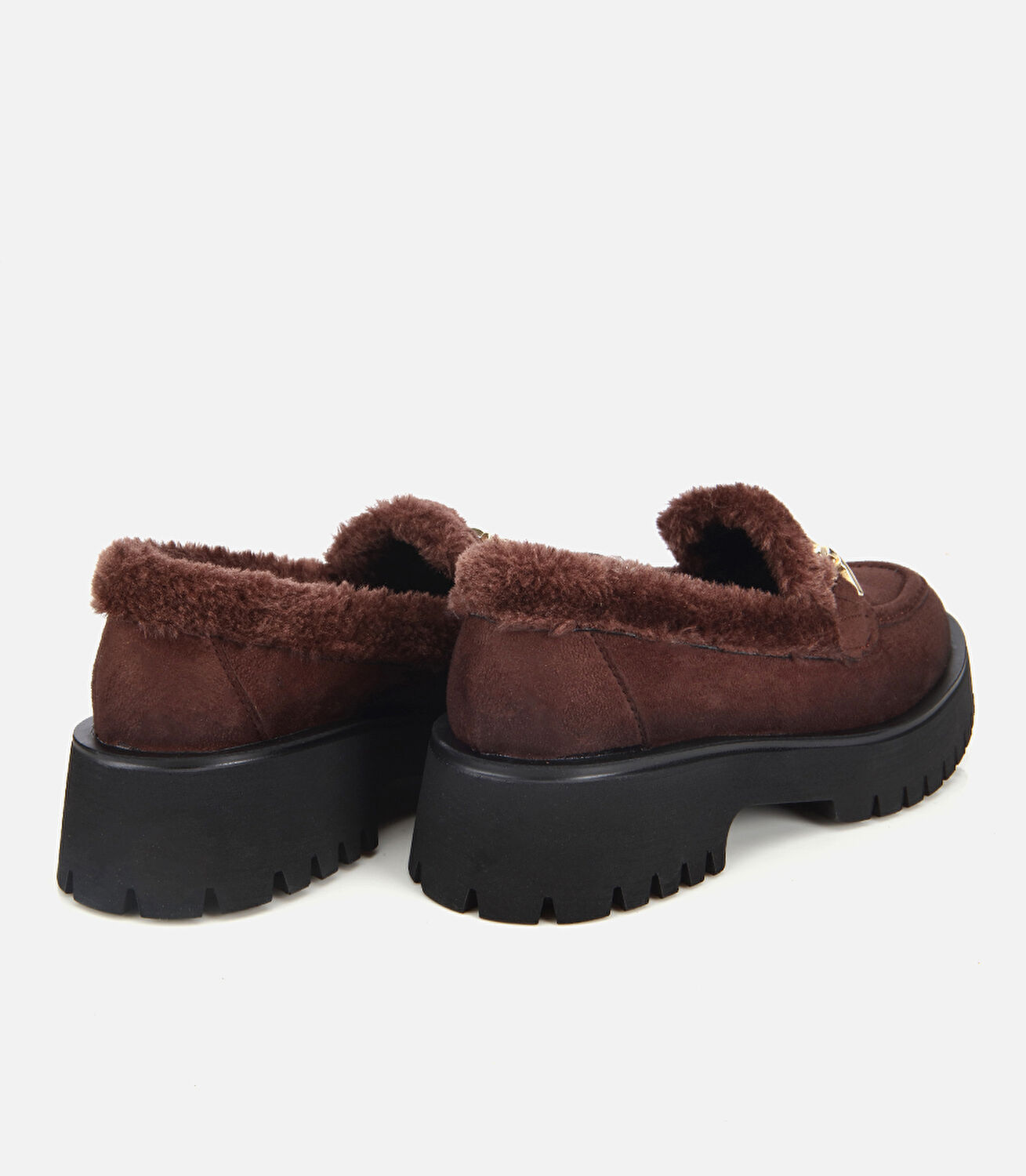 Kadın Süet Kahverengi Kürklü Tokalı Kalın Tabanlı Günlük Loafer