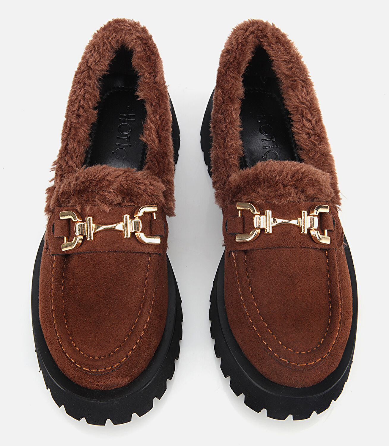 Kadın Süet Kahverengi Kürklü Tokalı Kalın Tabanlı Günlük Loafer