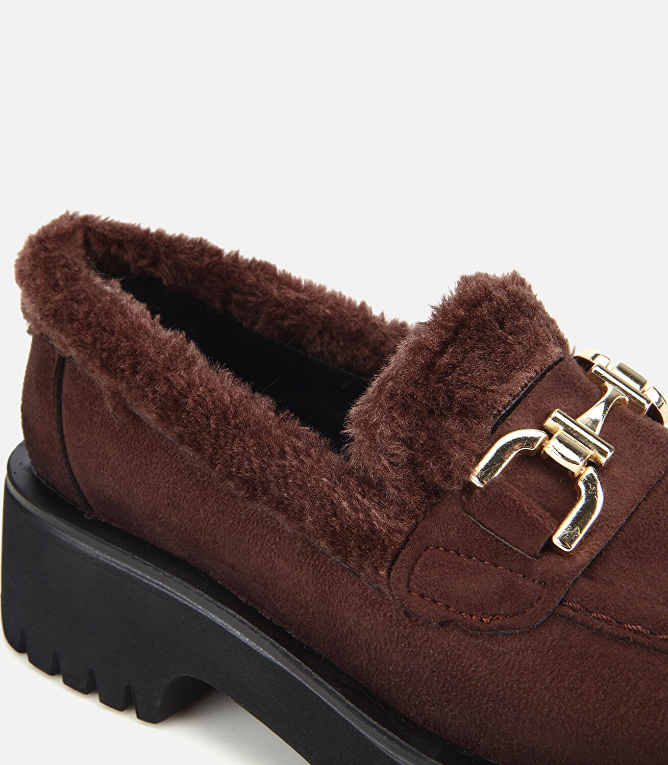 Kadın Süet Kahverengi Kürklü Tokalı Kalın Tabanlı Günlük Loafer