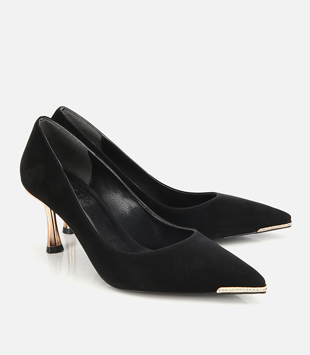 Kadın Saten Siyah Gold Detaylı İnce Topuklu Stiletto