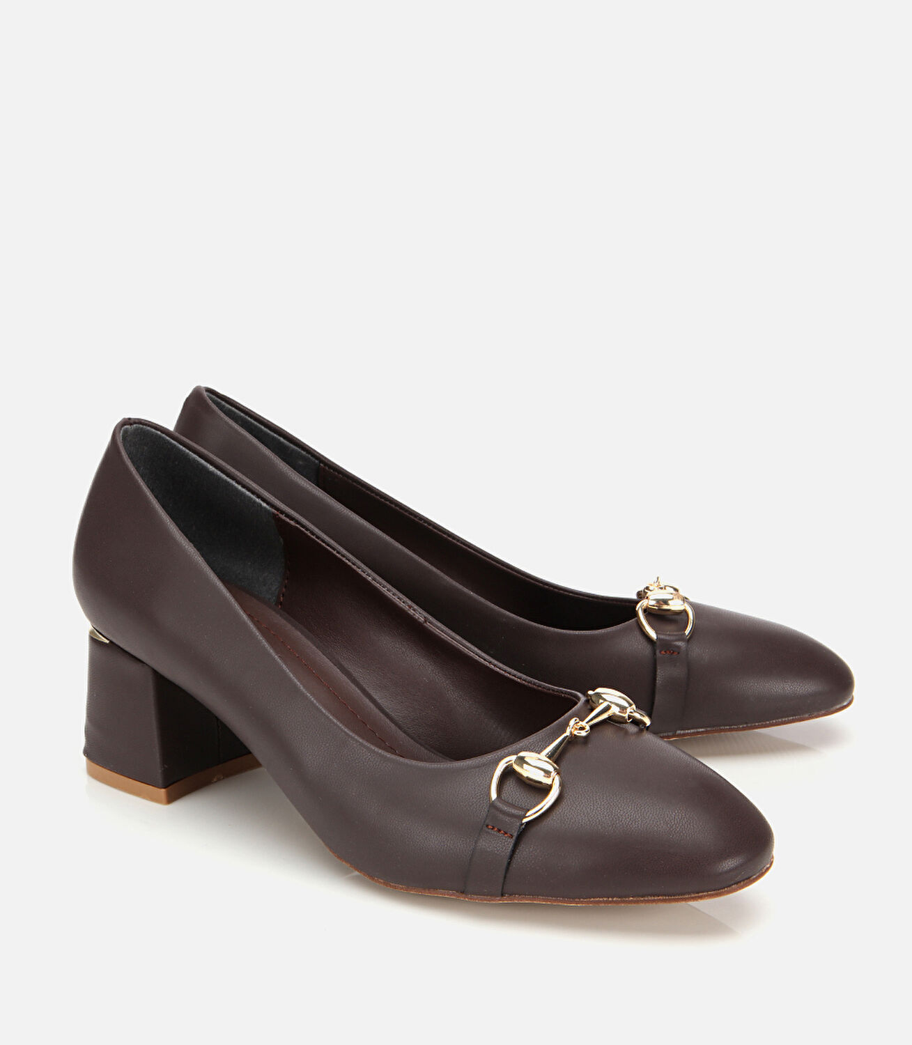 Kadın Kahverengi Gold Tokalı Kalın Topuklu Ayakkabı