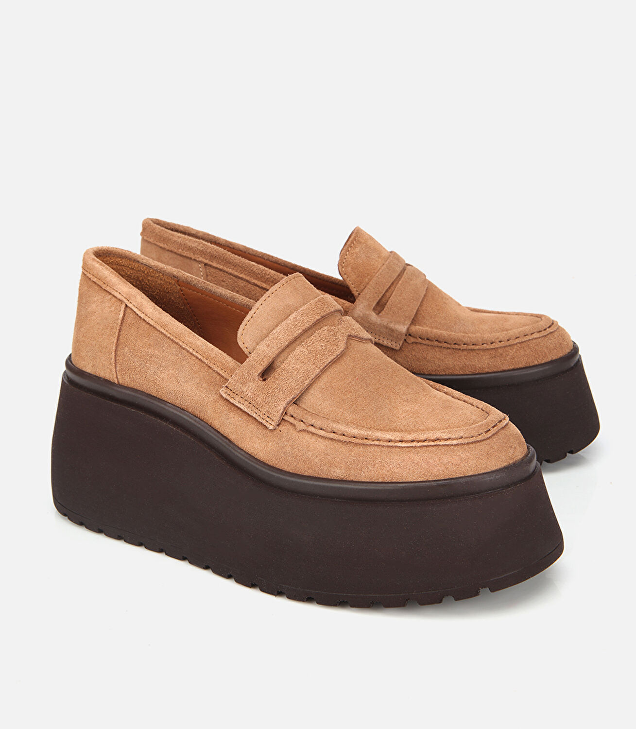 Kadın Süet Deri Taba Dolgu Topuklu Günlük Loafer