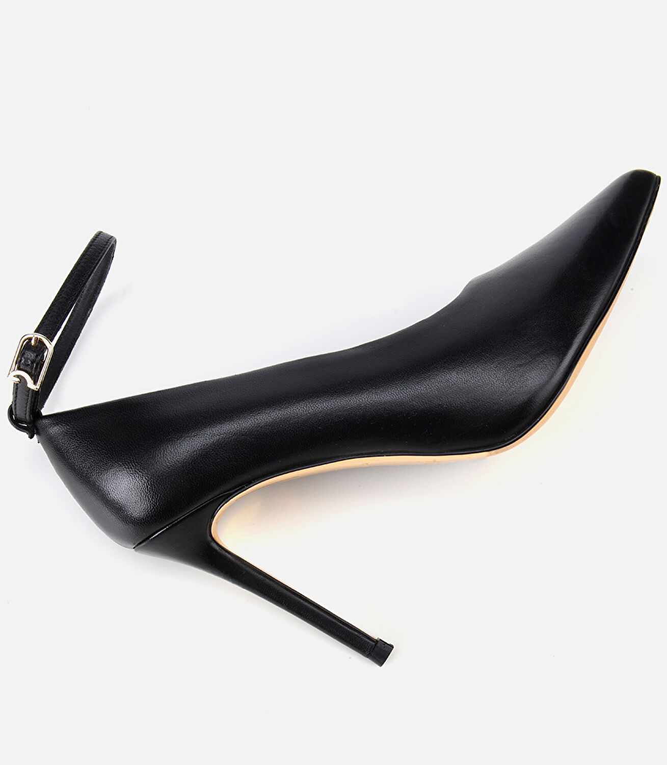 Kadın Deri Siyah Bilekten Bağlamalı Gold Detaylı Yüksek Topuklu Stiletto