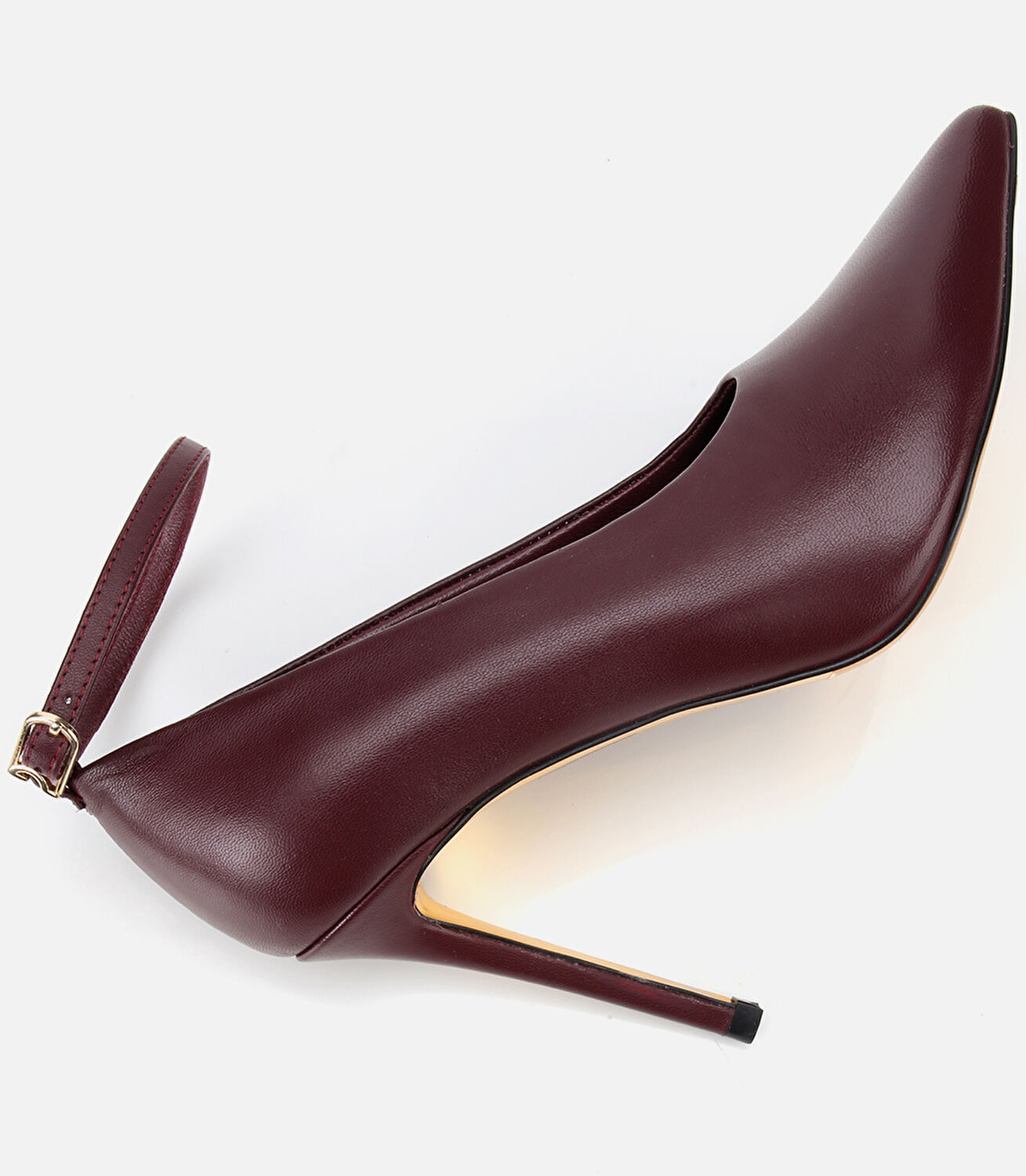 Kadın Deri Bordo Bilekten Bağlamalı Gold Detaylı Yüksek Topuklu Stiletto