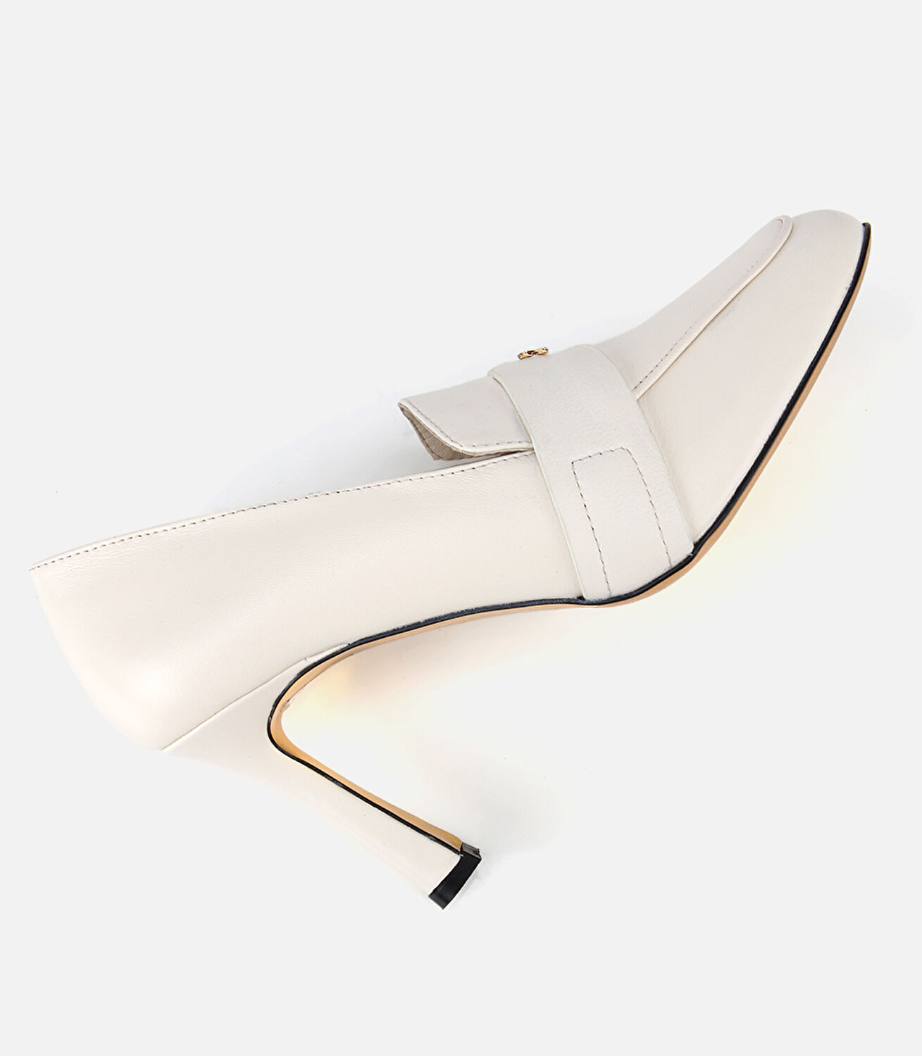 Kadın Deri Ekru Yumuşak Dokulu Gold Detaylı Topuklu Stiletto