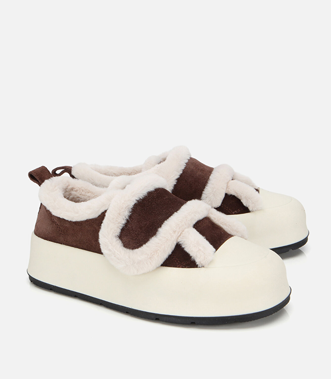 Kadın Süet Deri Kahverengi Kürklü Kalın Bantlı Spor Ayakkabı