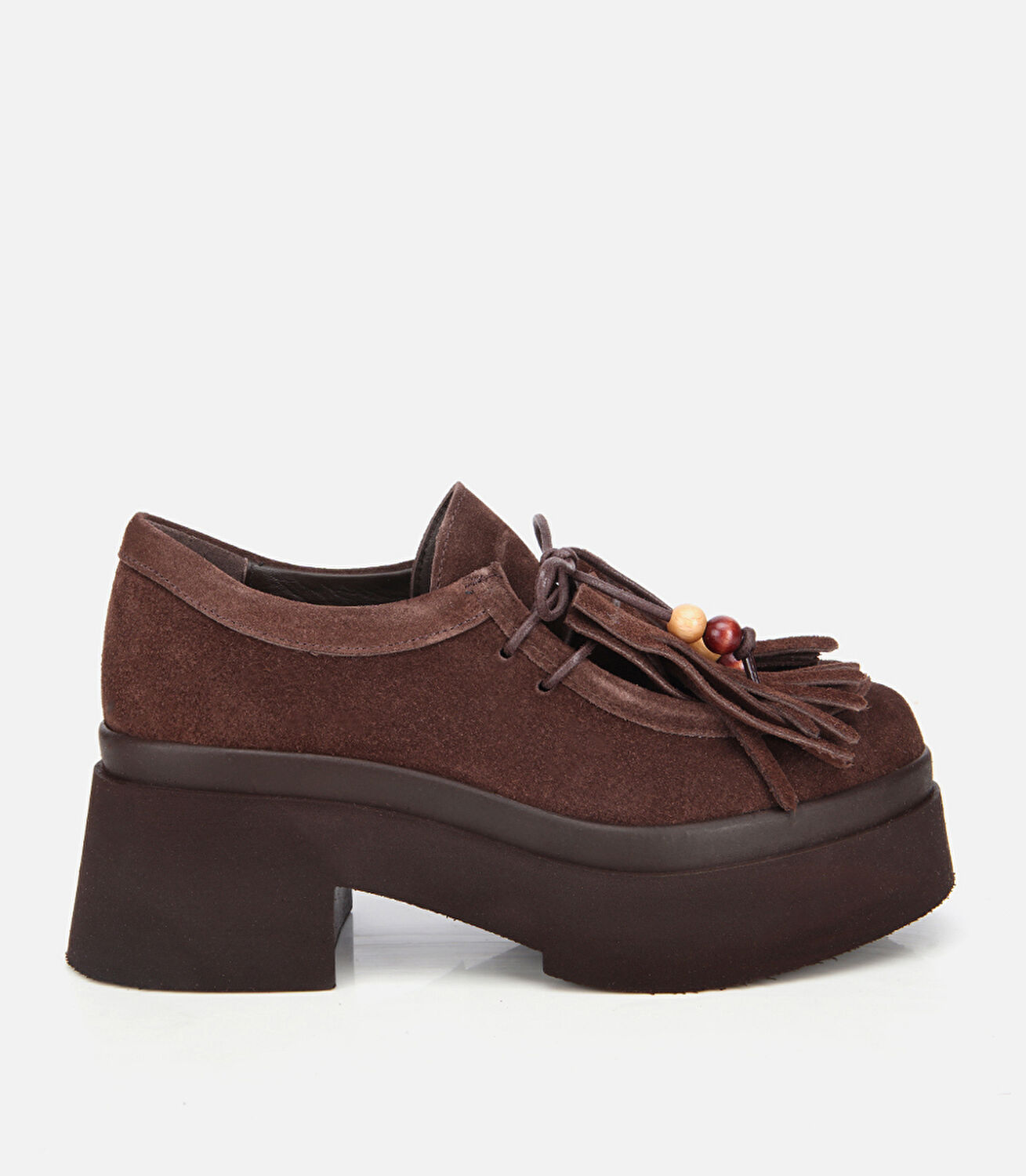 Kadın Süet Deri Kahverengi Püskül Detaylı Kalın Tabanlı Günlük Loafer