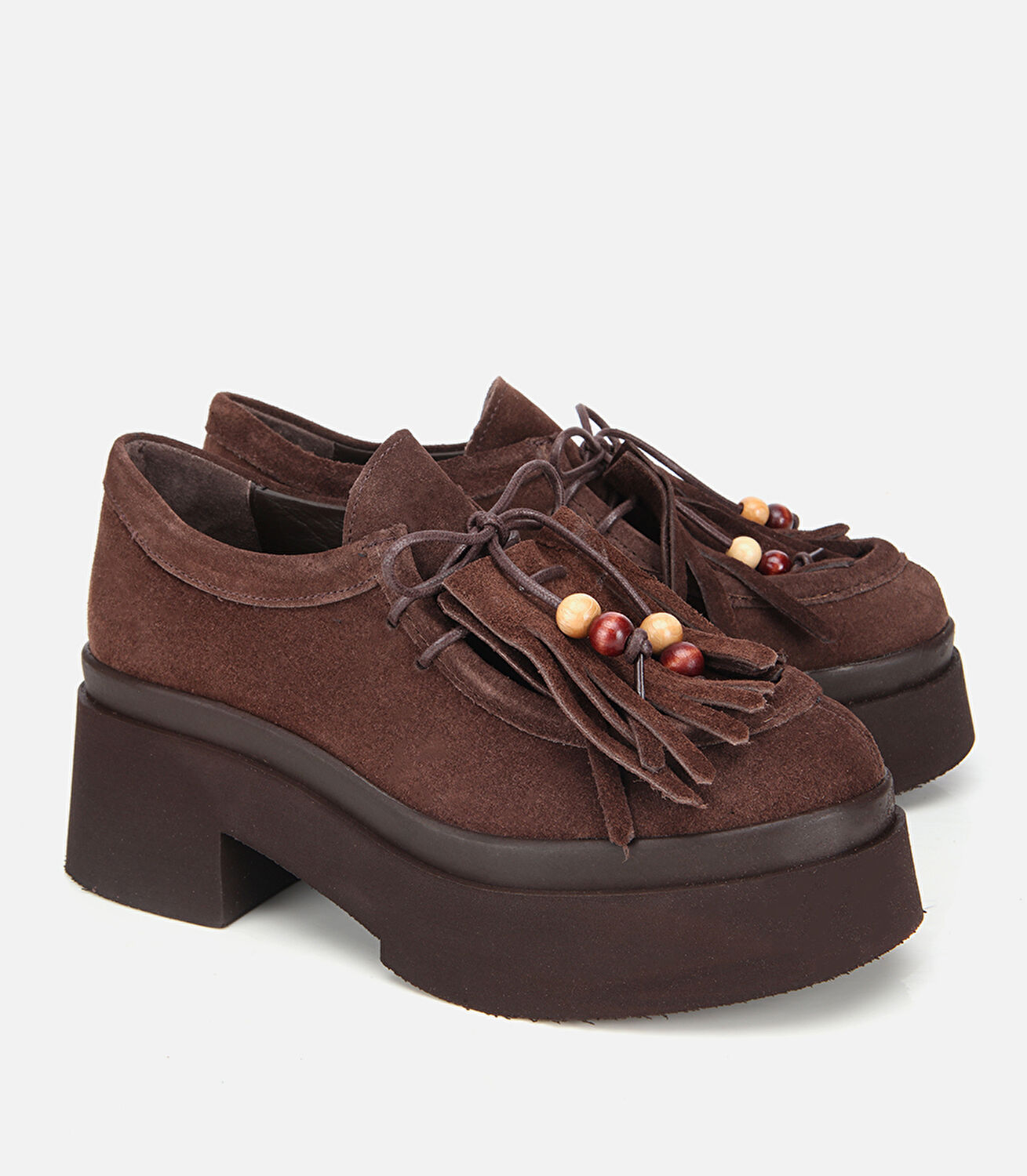 Kadın Süet Deri Kahverengi Püskül Detaylı Kalın Tabanlı Günlük Loafer