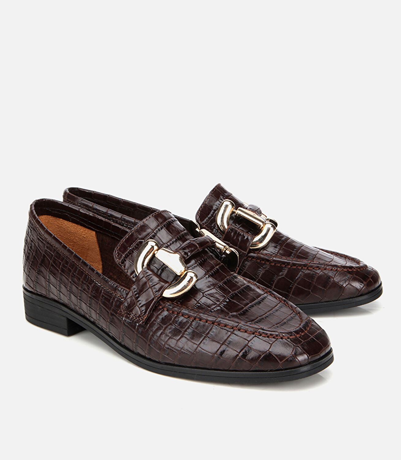 Kadın Deri Kahverengi Kroko Baskılı Klasik Loafer