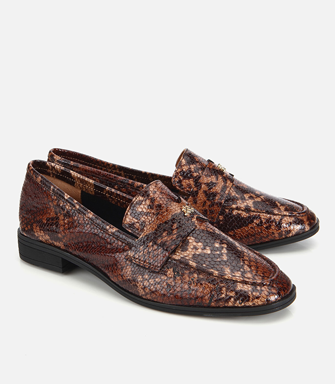Kadın Deri Kahverengi Yılan Desenli Klasik Loafer