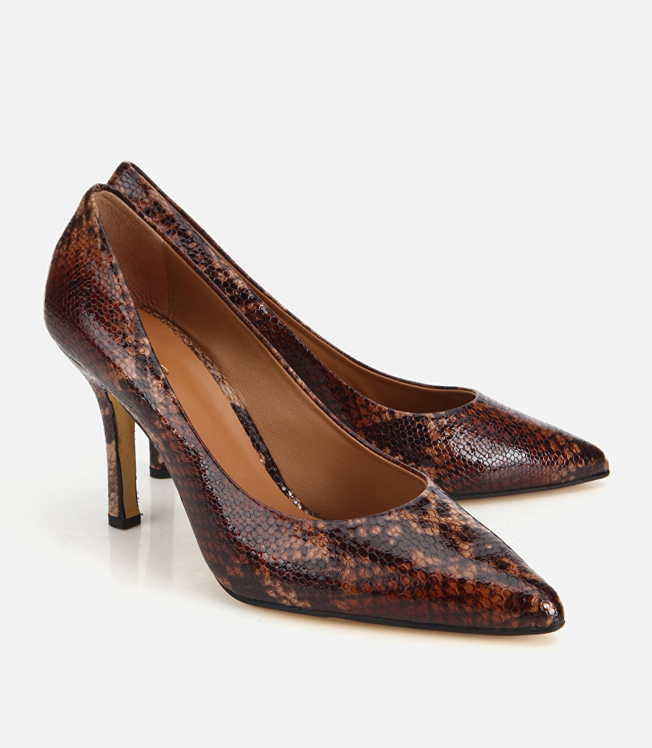Kadın Deri Kahverengi Yılan Desenli Stiletto