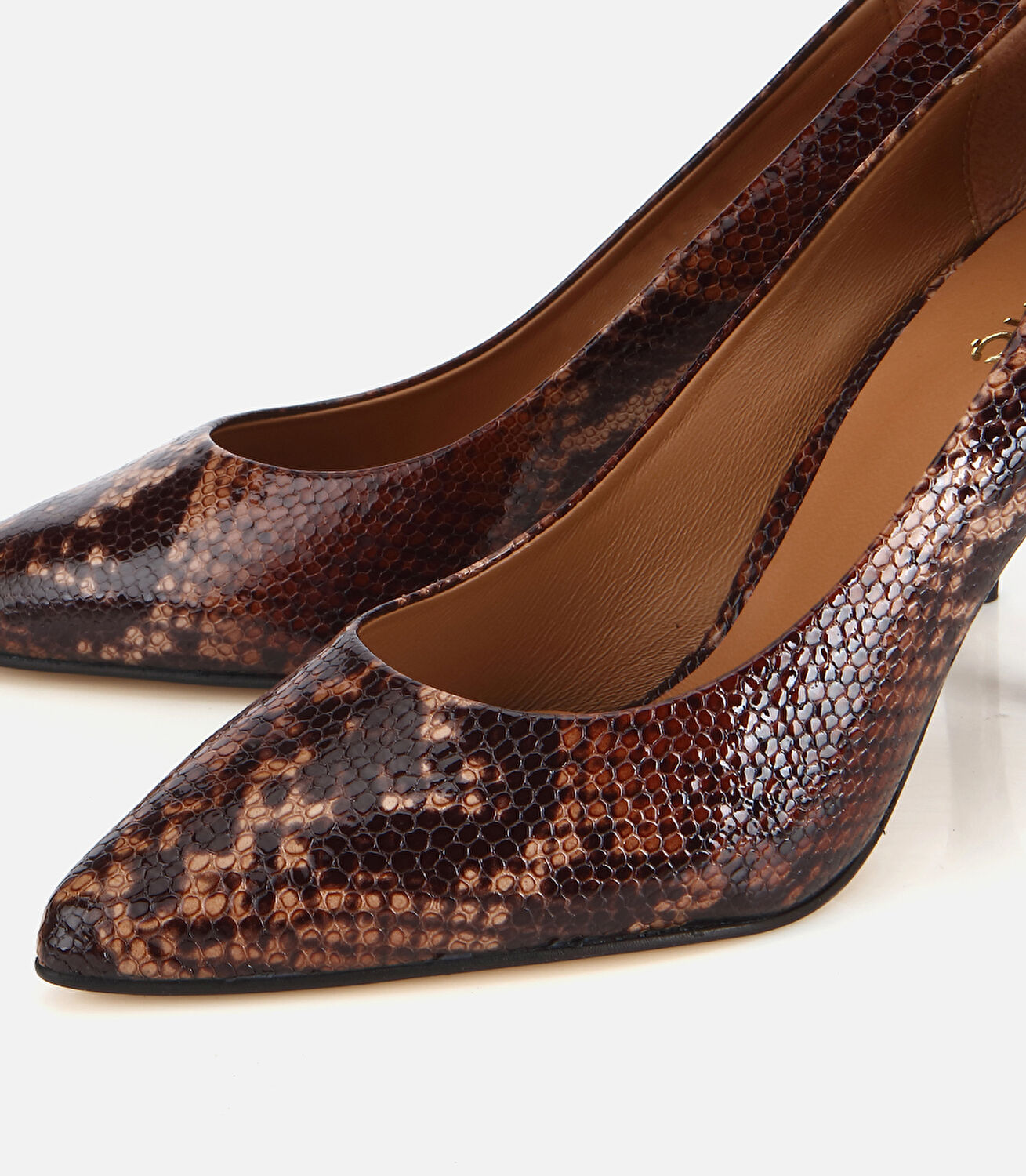 Kadın Deri Kahverengi Yılan Desenli Stiletto