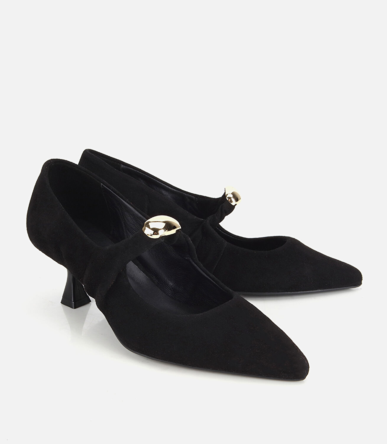 Kadın Süet Deri Siyah Gold Toka Detaylı İnce Topuklu Stiletto