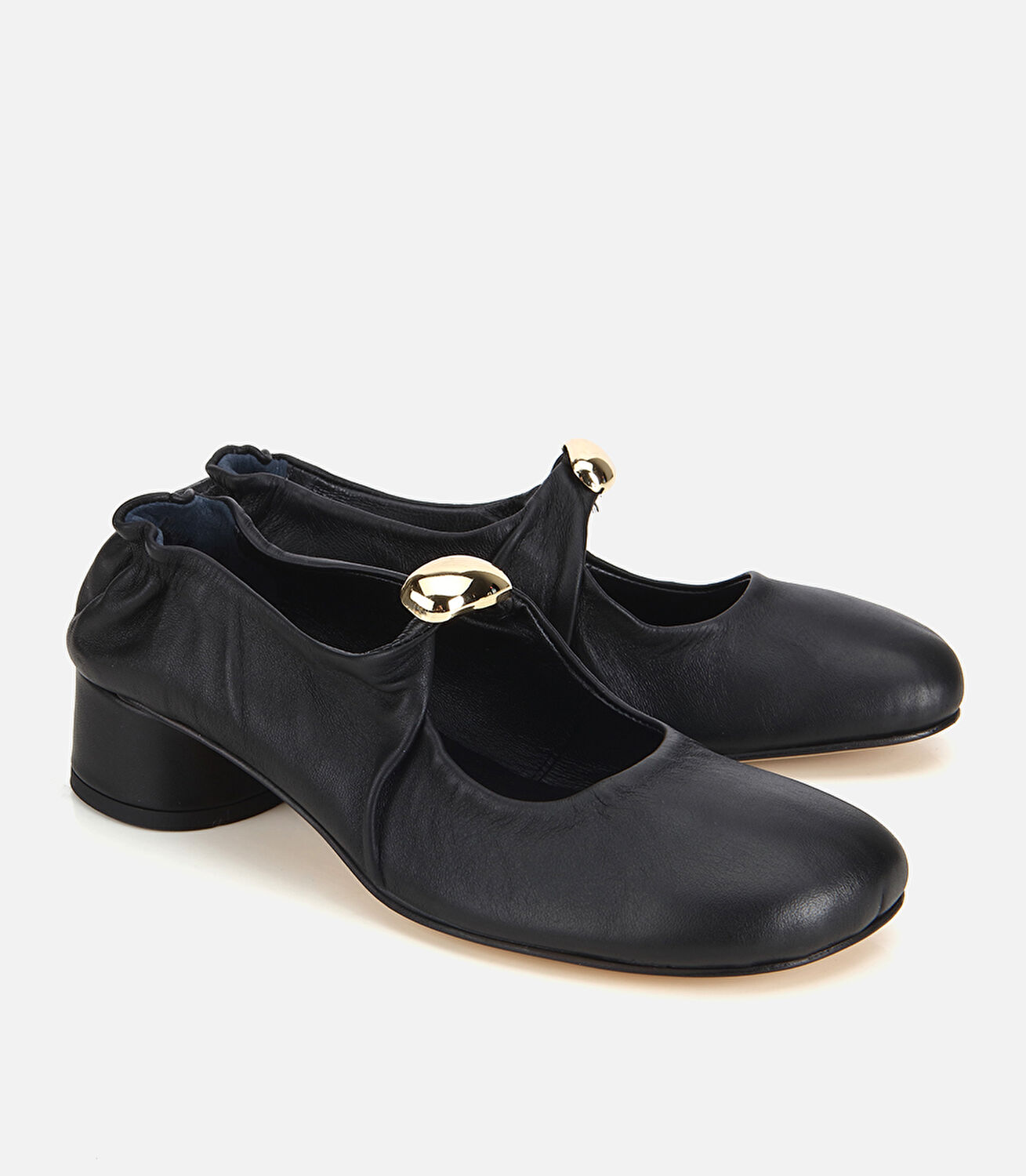 Kadın Deri Siyah Gold Toka Detaylı Arkası Lastikli Kalın Topuklu Ayakkabı