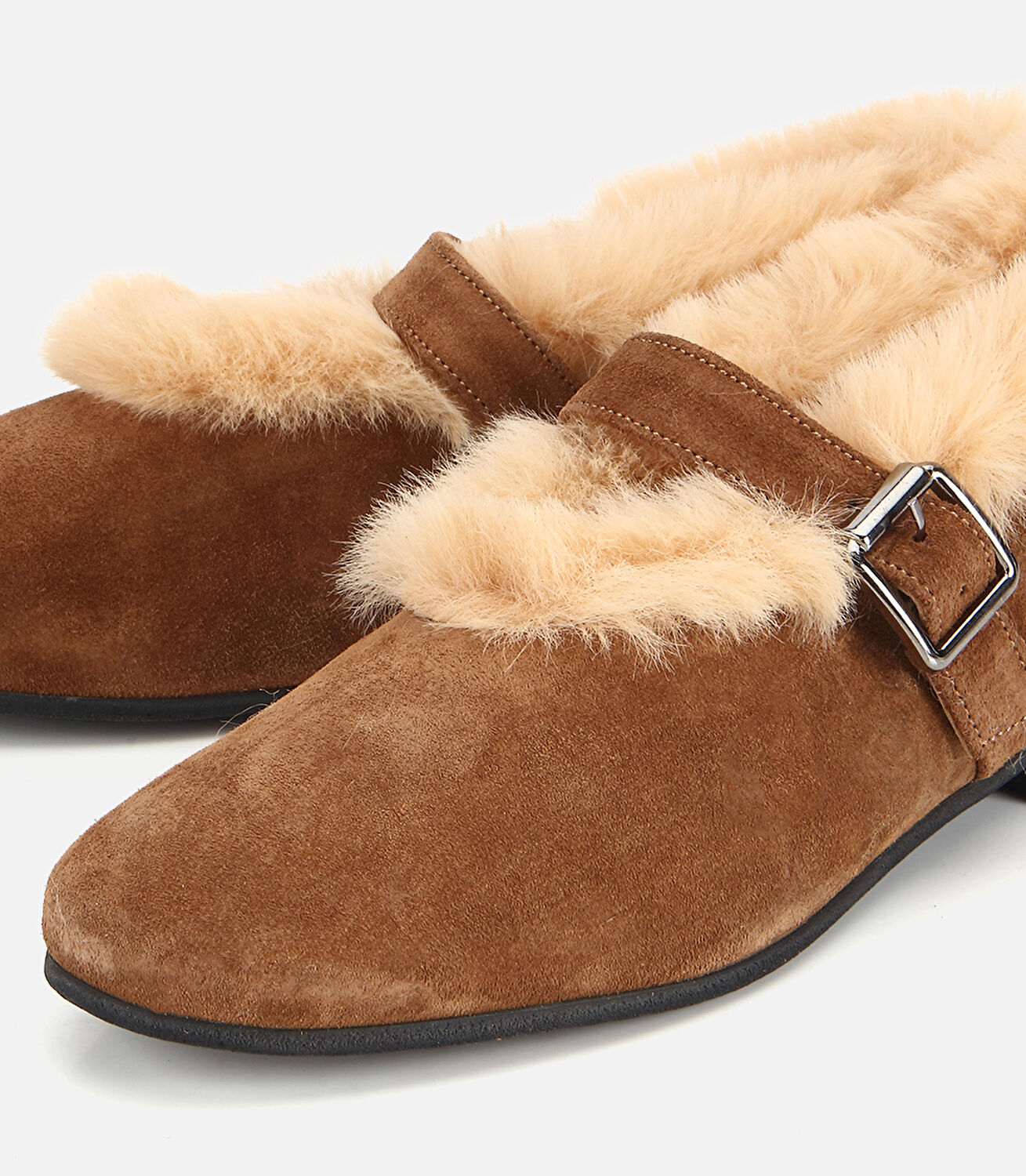 Kadın Süet Deri Taba İçi Kürklü Tek Bantlı Babet
