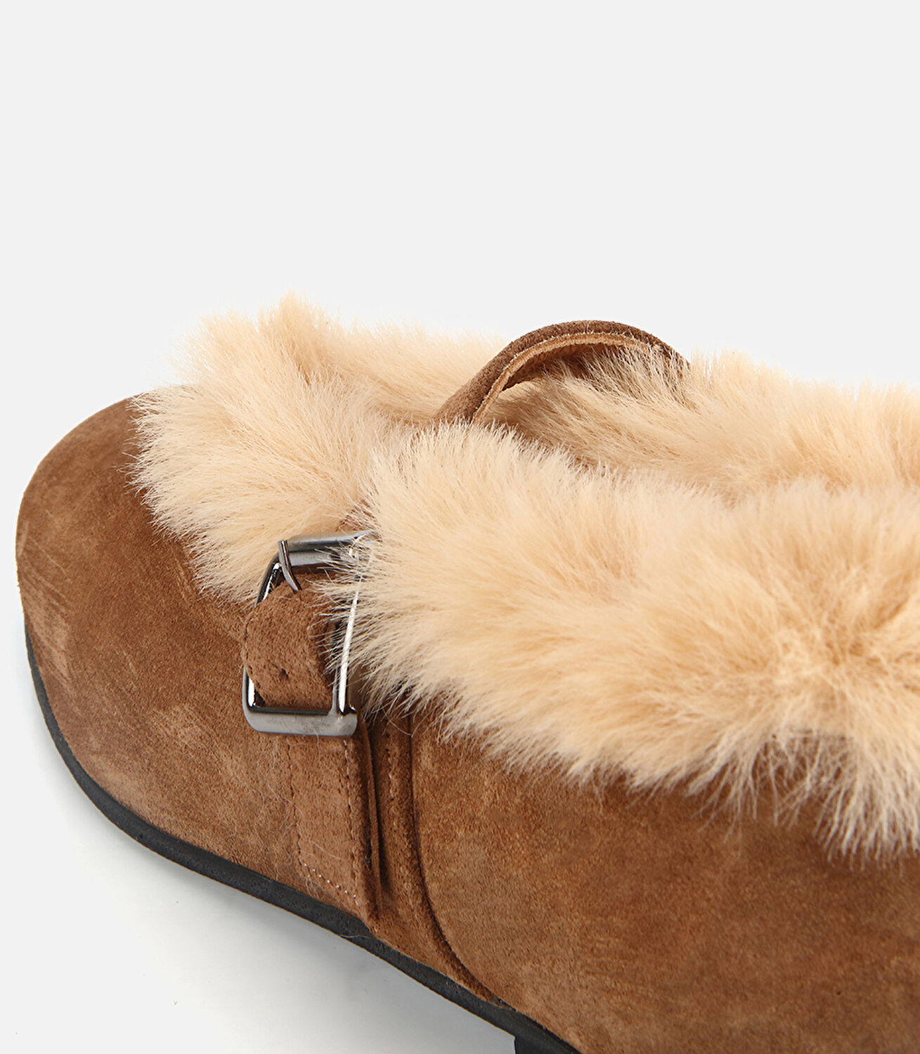 Kadın Süet Deri Taba İçi Kürklü Tek Bantlı Babet