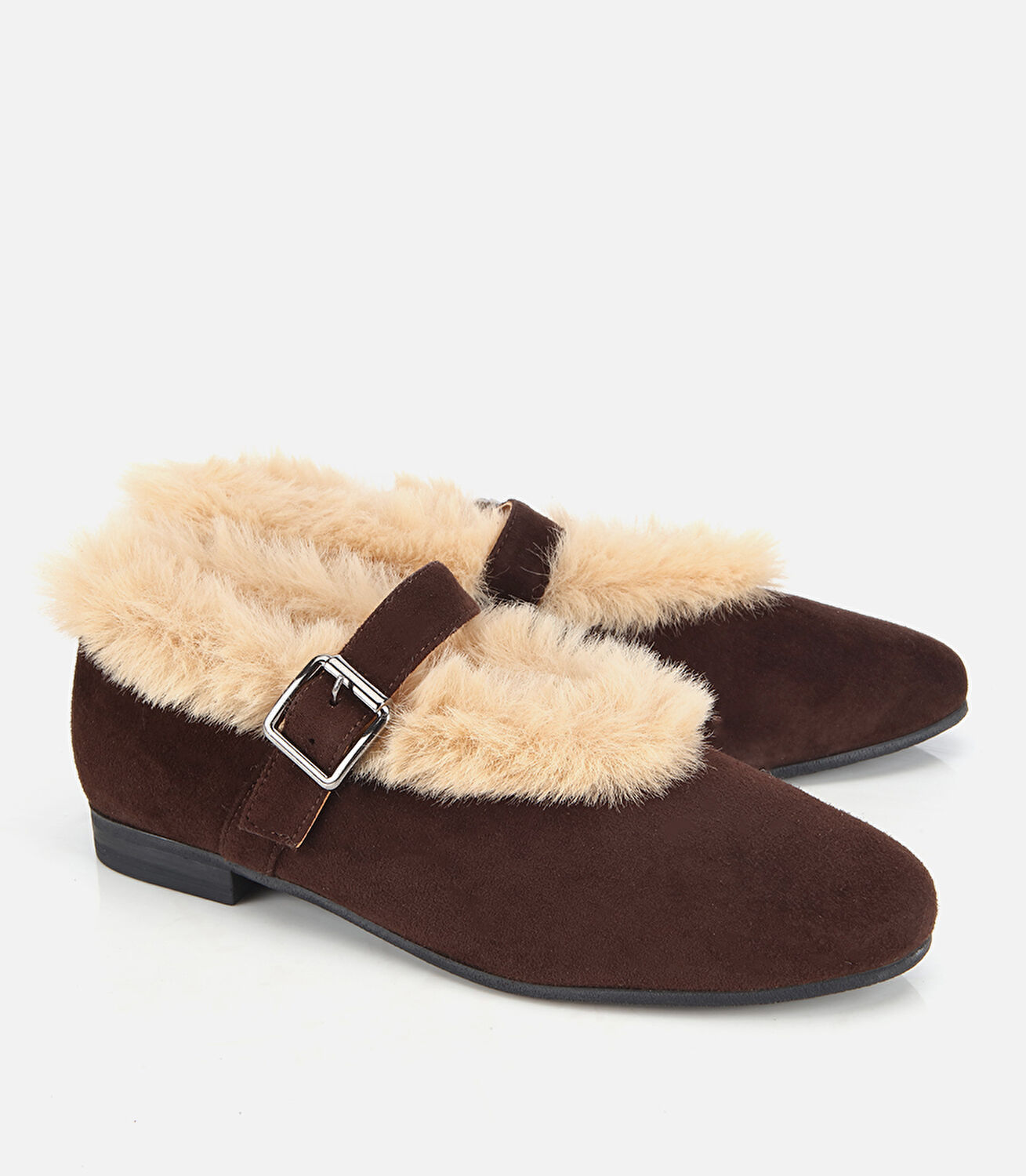 Kadın Süet Deri Kahverengi İçi Kürklü Tek Bantlı Babet