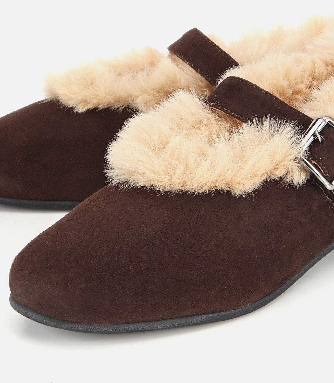 Kadın Süet Deri Kahverengi İçi Kürklü Tek Bantlı Babet