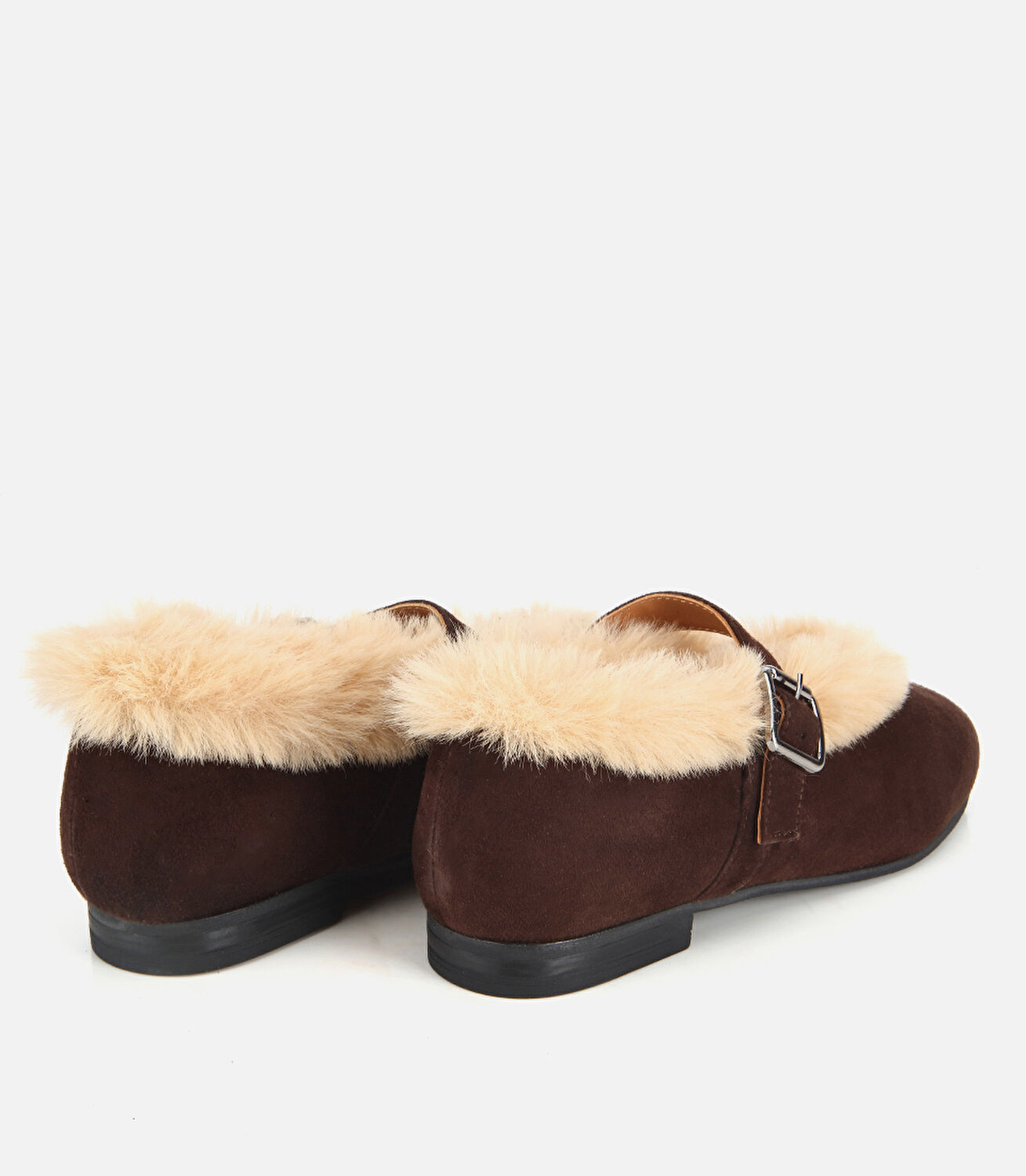 Kadın Süet Deri Kahverengi İçi Kürklü Tek Bantlı Babet