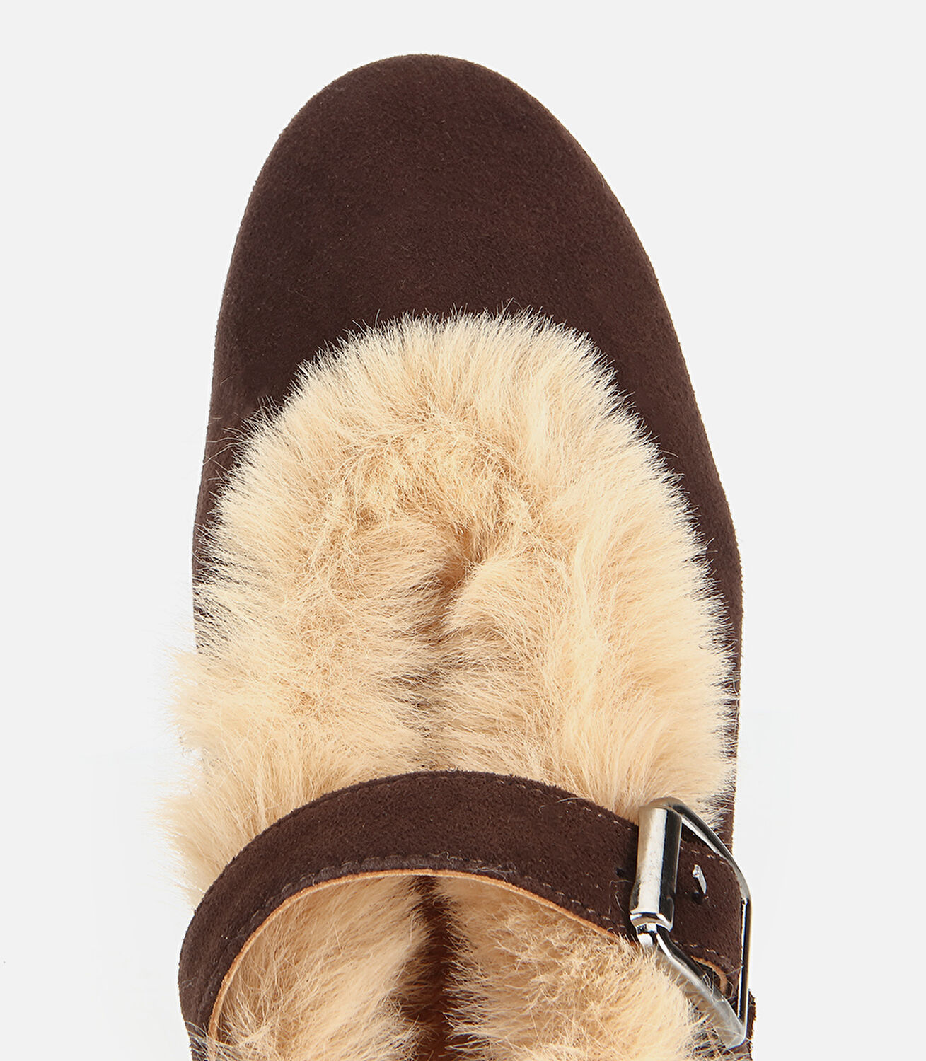 Kadın Süet Deri Kahverengi İçi Kürklü Tek Bantlı Babet