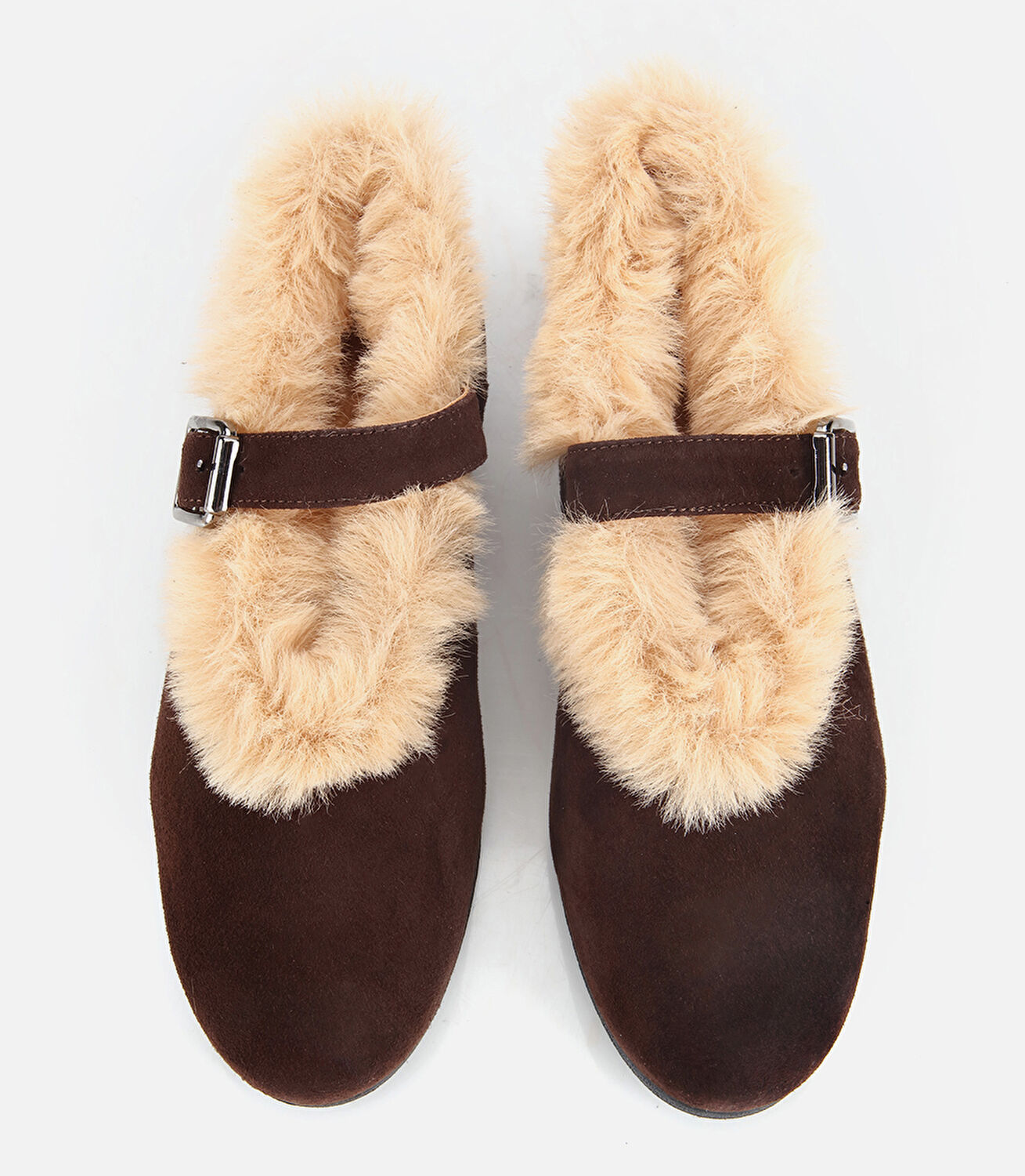 Kadın Süet Deri Kahverengi İçi Kürklü Tek Bantlı Babet