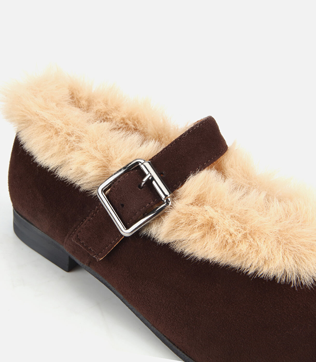 Kadın Süet Deri Kahverengi İçi Kürklü Tek Bantlı Babet